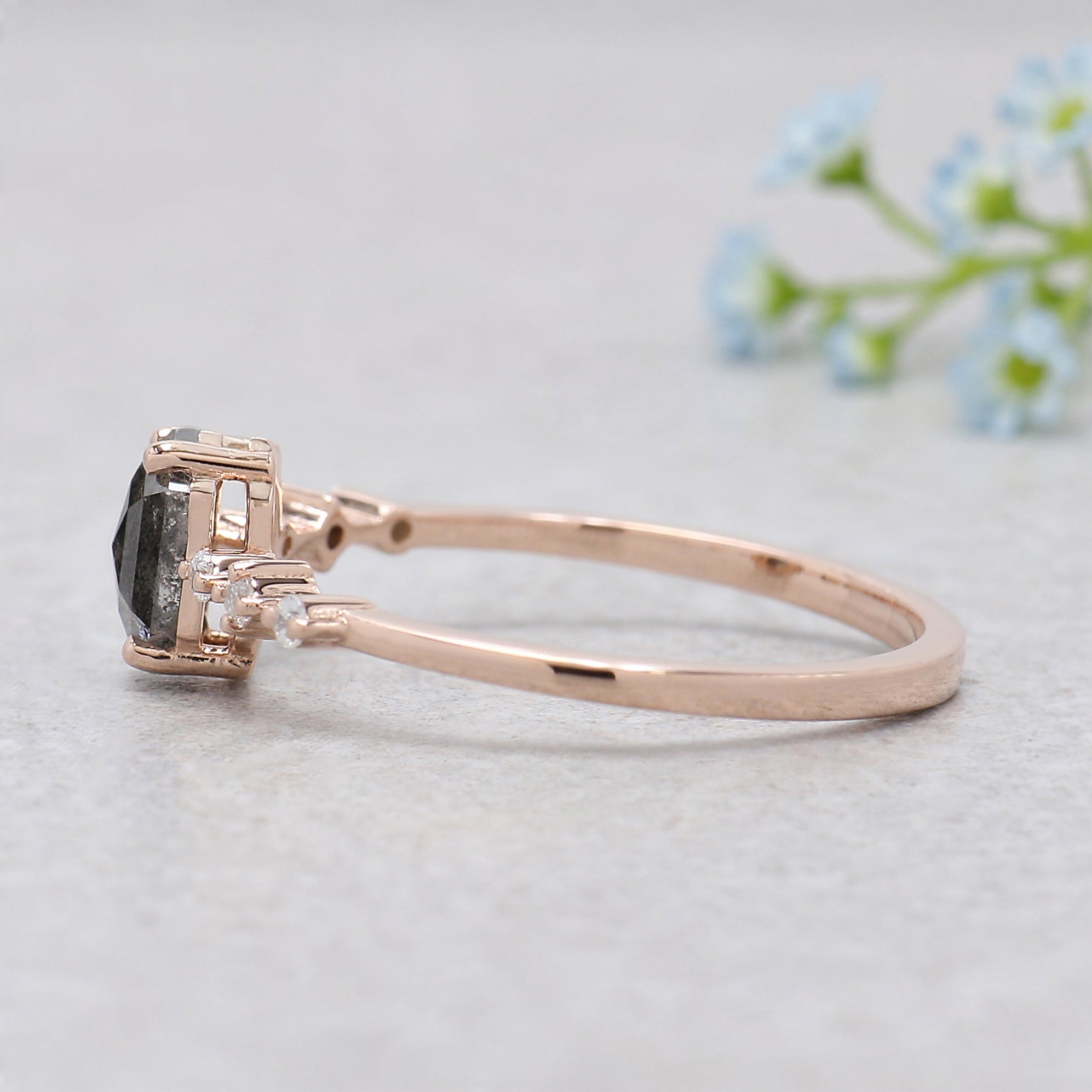 Hexagon Cut Salt And Pepper Diamond Ring 0.48 Ct 6.38 MM Hexagon Cut Diamond Ring 14K Rose Gold Silver Engagement Ring Gift For Her KDL2472