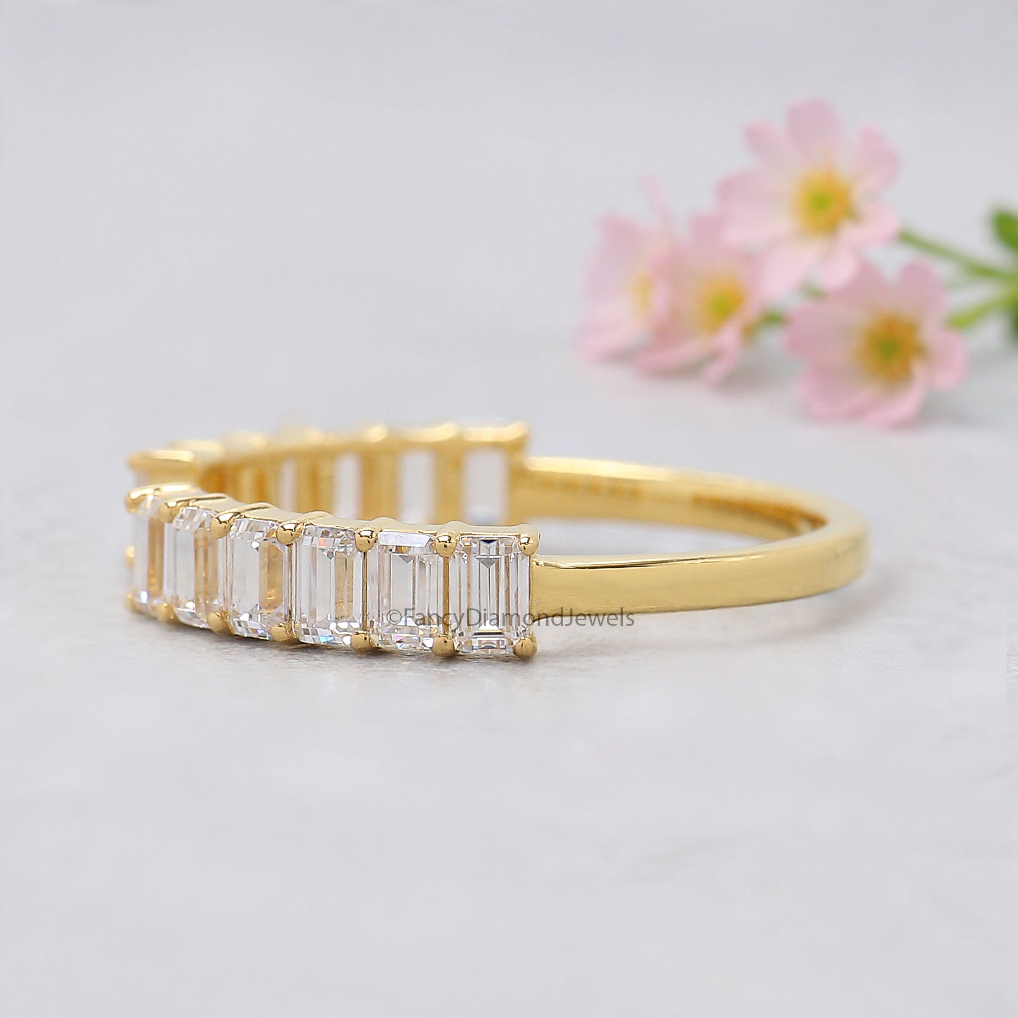 Emerald Cut Wedding Band Yellow Gold Unique Half Eternity Anniversary Wedding Band Vintage Notched Stacking Matching Gift For Her FD528
