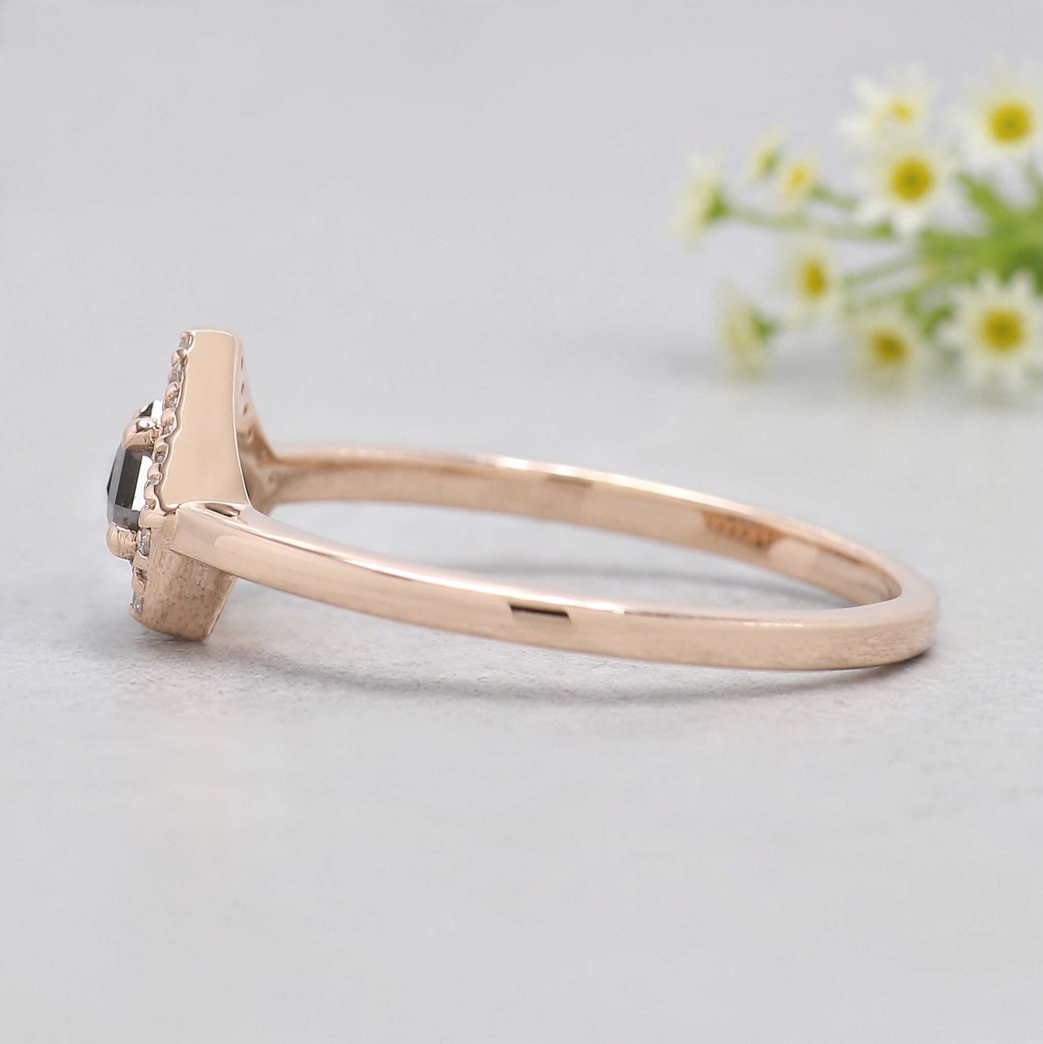 Shield salt and pepper Diamond Ring, Salt and pepper Shield Diamond Engagement Ring, Shield Diamond Ring, Halo Ring, Shield Ring, KD1122