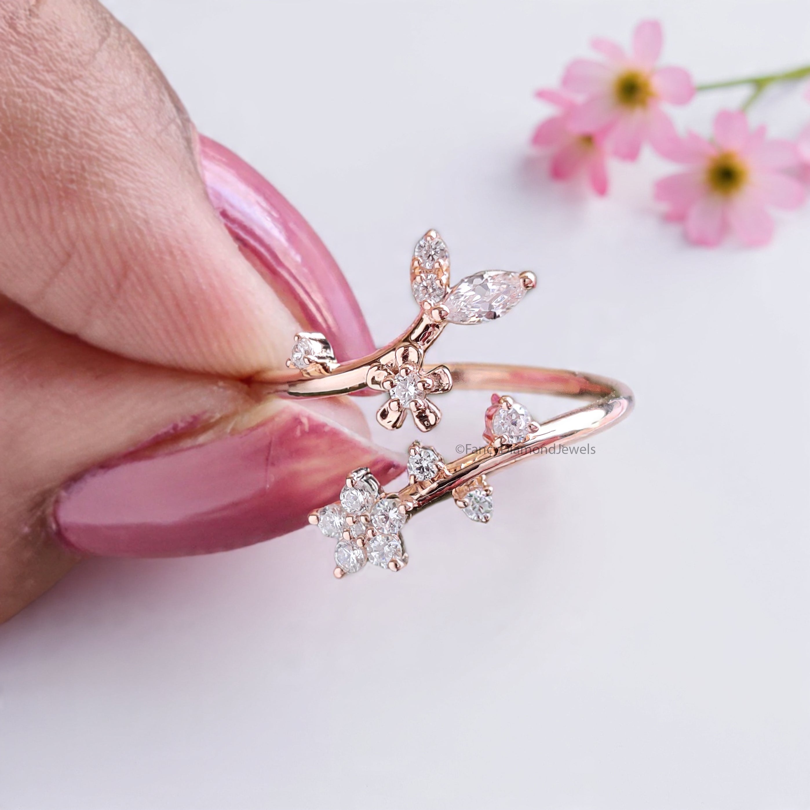 Marquise / Round Cut Wedding Ring Rose Gold Unique Anniversary Ring Spring Flower Ring Adjustable Delicate Personalized Gift For Her FD536