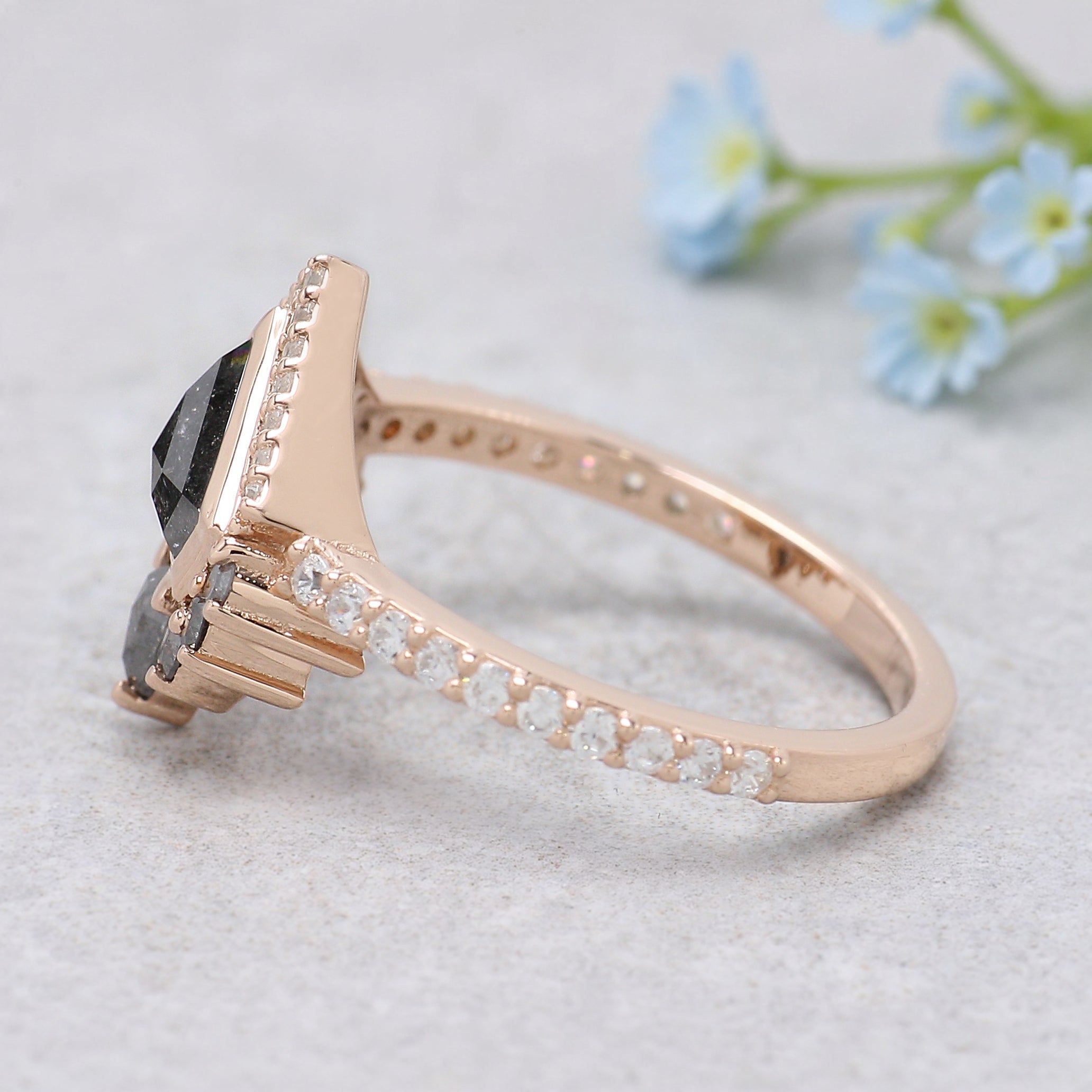 0.90 Ct Natural Shield Shape Salt And Pepper Diamond Ring 5.55 MM Shield Cut Diamond Ring 14K Solid Rose Gold Silver Engagement Ring KDN767