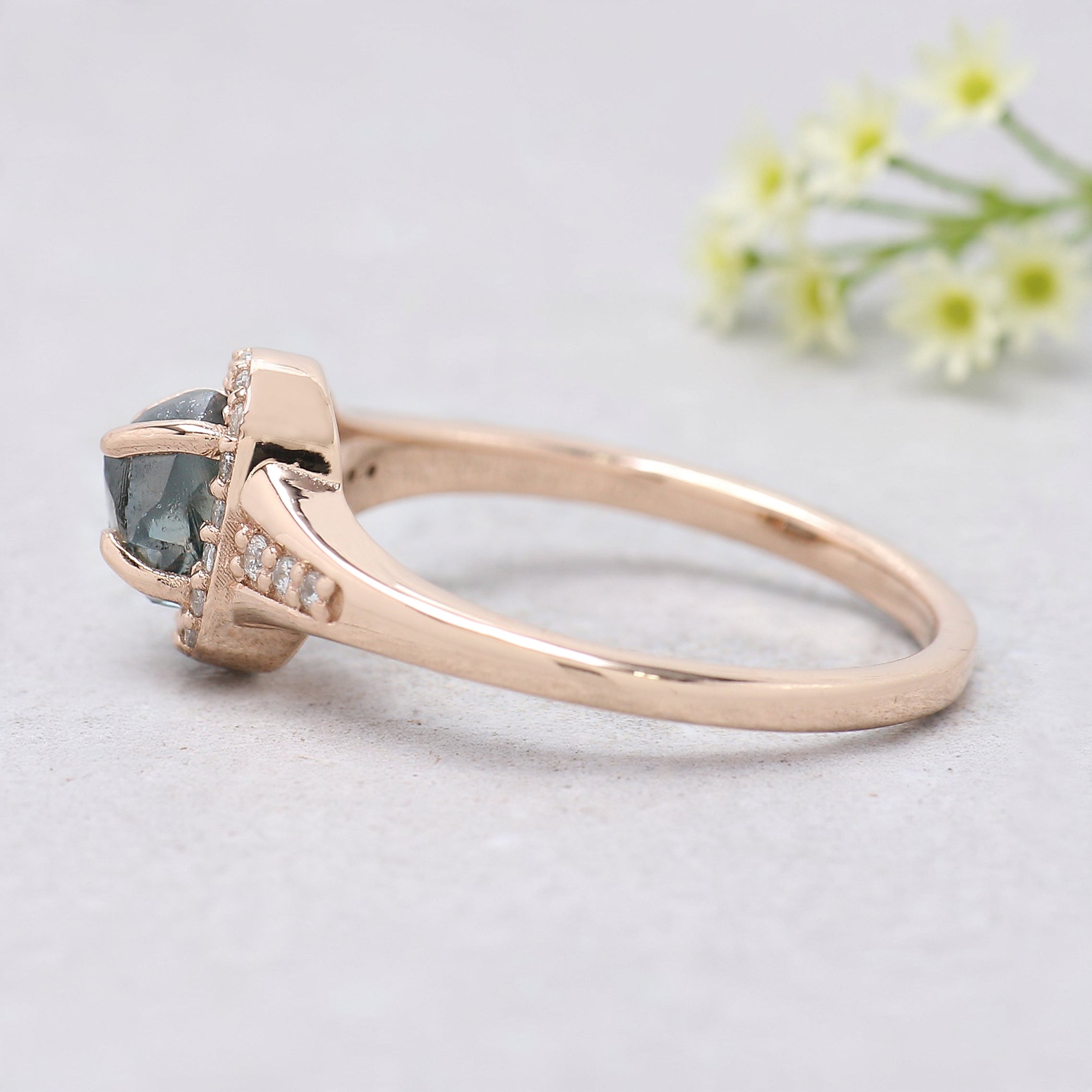 Rough Blue Color Diamond Ring 1.12 Ct 6.12 MM Crystal Rough Diamond Ring 14K Solid Rose Gold Silver Engagement Ring Gift For Her QL2319