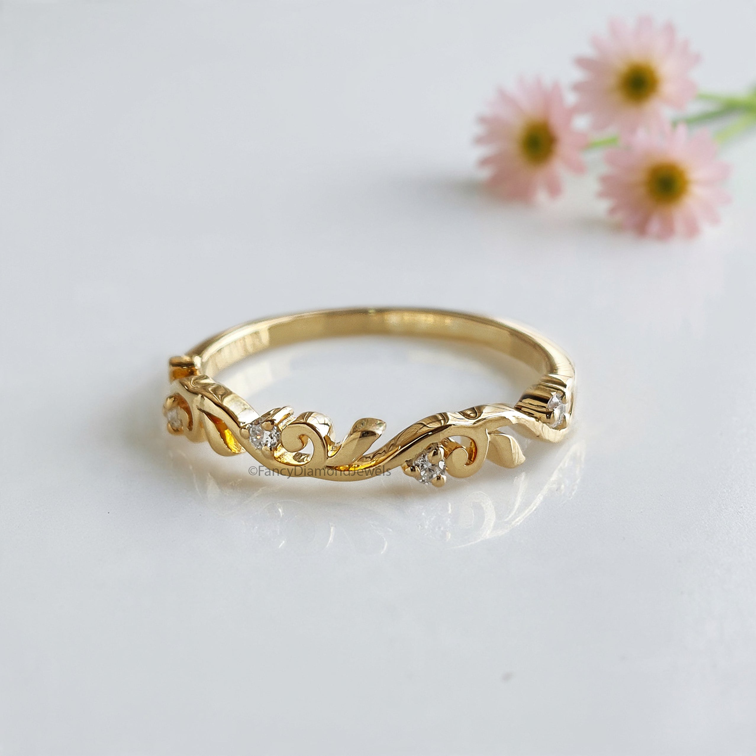 Elegant Silver Wedding Ring Set with Sparkling Diamonds for Couples Wedding Band Set Natural Style Flower & Leaf Wedding Ring Set FD524