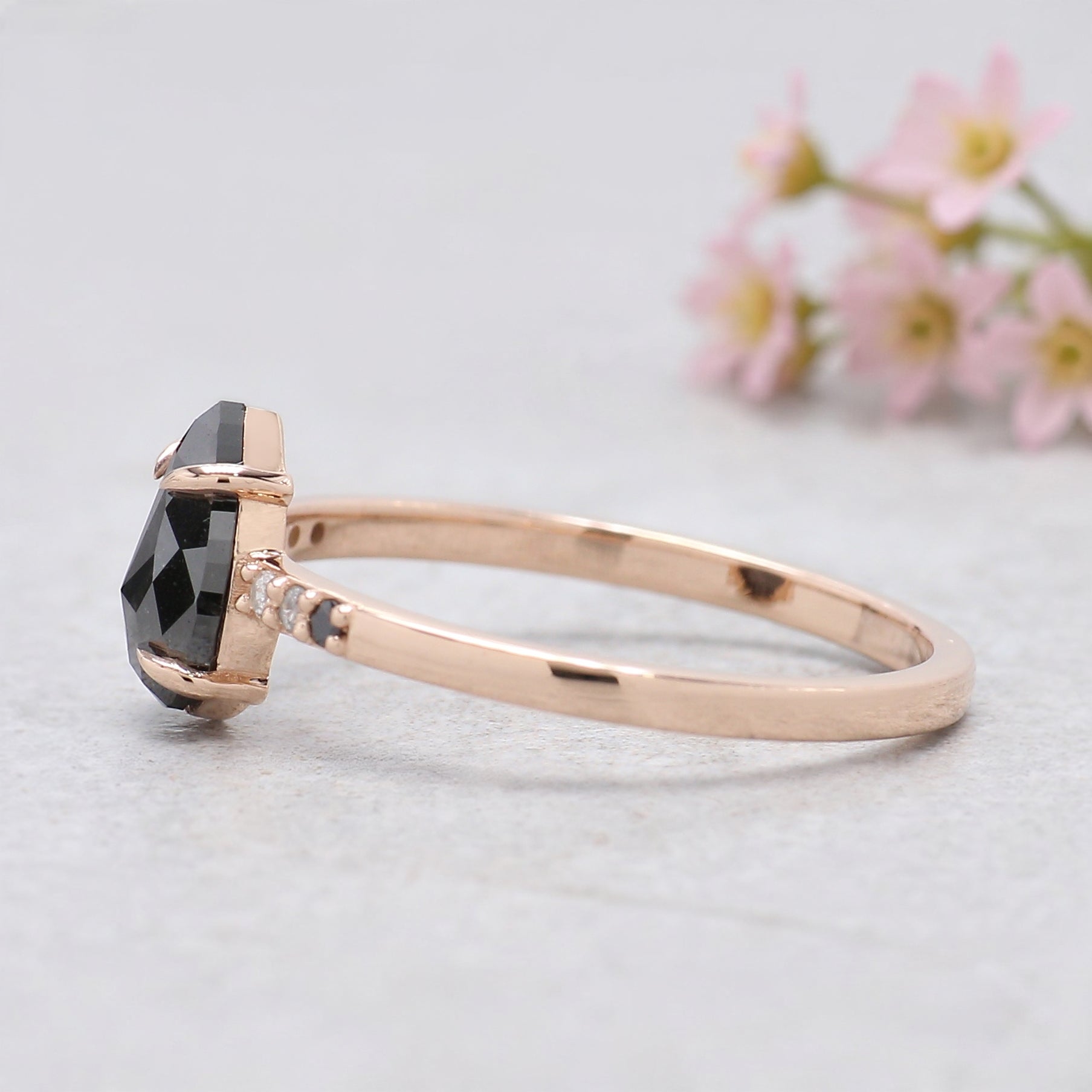 0.89 Ct Pear Shape Black Color Diamond Ring 7.65 MM Pear Cut Diamond Ring 14K Solid Rose Gold Silver Engagement Ring Gift For Her KDN1754
