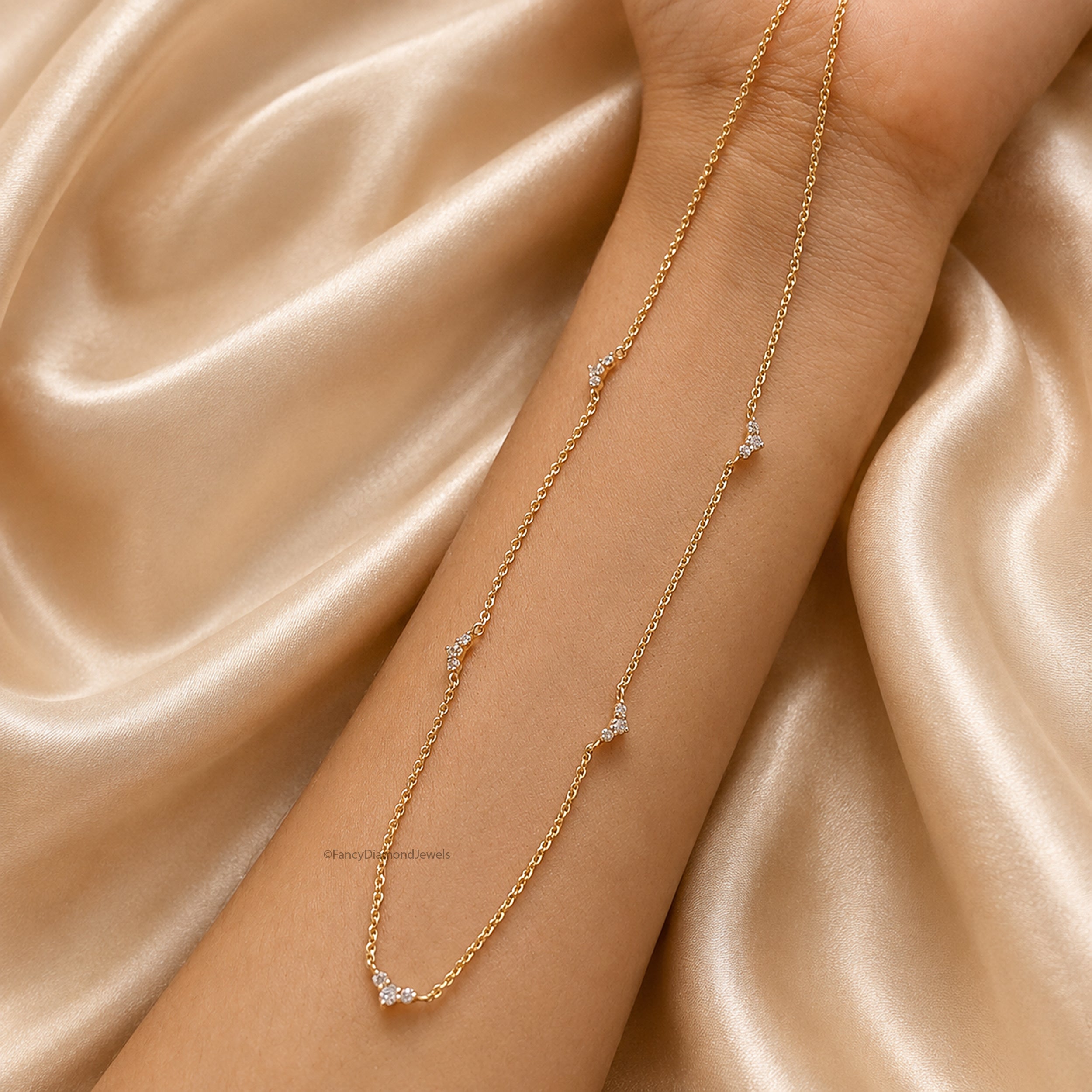 18K Solid Gold Diamond Triangle Cluster Necklace, Adjustable Station Chain Lab Grown Diamond, Gold Attached Diamond Solitaire Necklace FD566