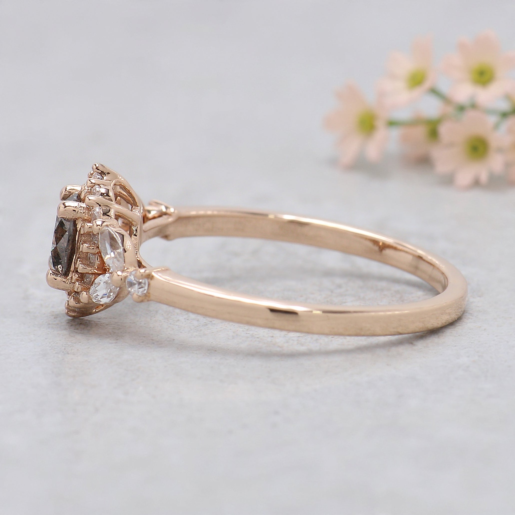 0.45 Ct Natural Round Shape Salt And Pepper Diamond Ring 4.80 MM Round Cut Diamond Ring 14K Solid Rose Gold Silver Engagement Ring KDN810