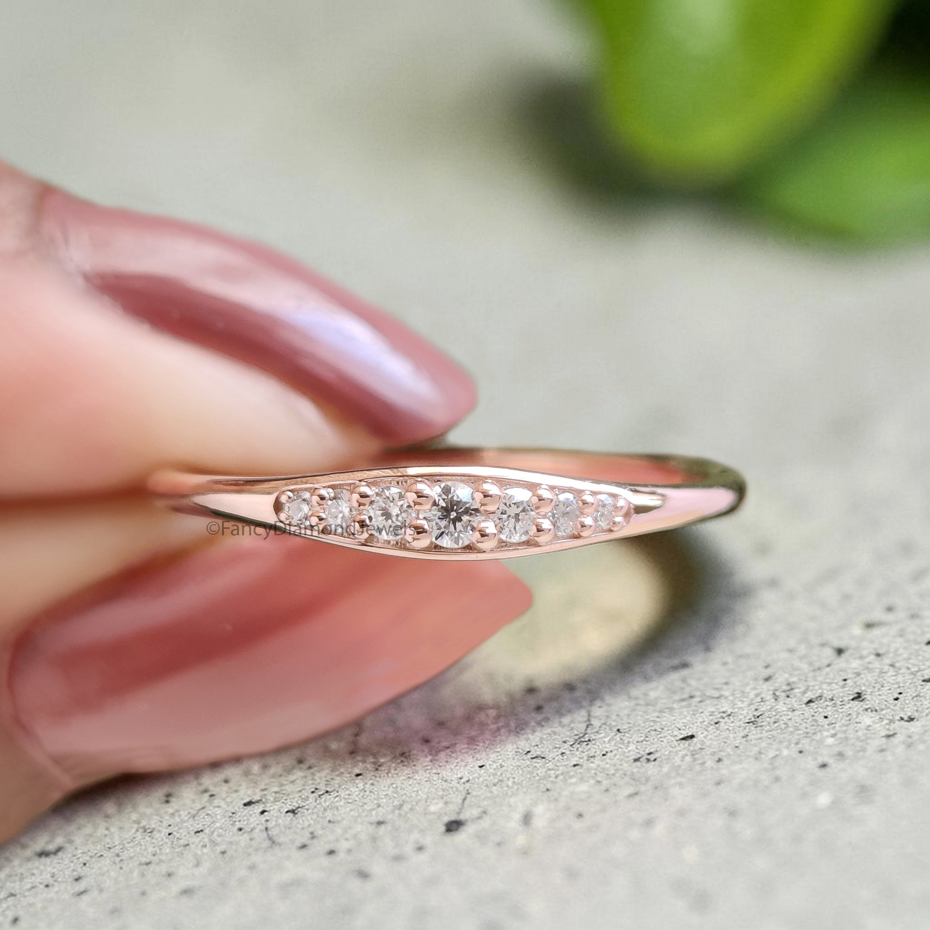 Round Cut Diamond Wedding Band Rose Gold Unique Half Eternity Wedding Band Vintage Minimal Stacking Matching Bridal Gift For Her FD548