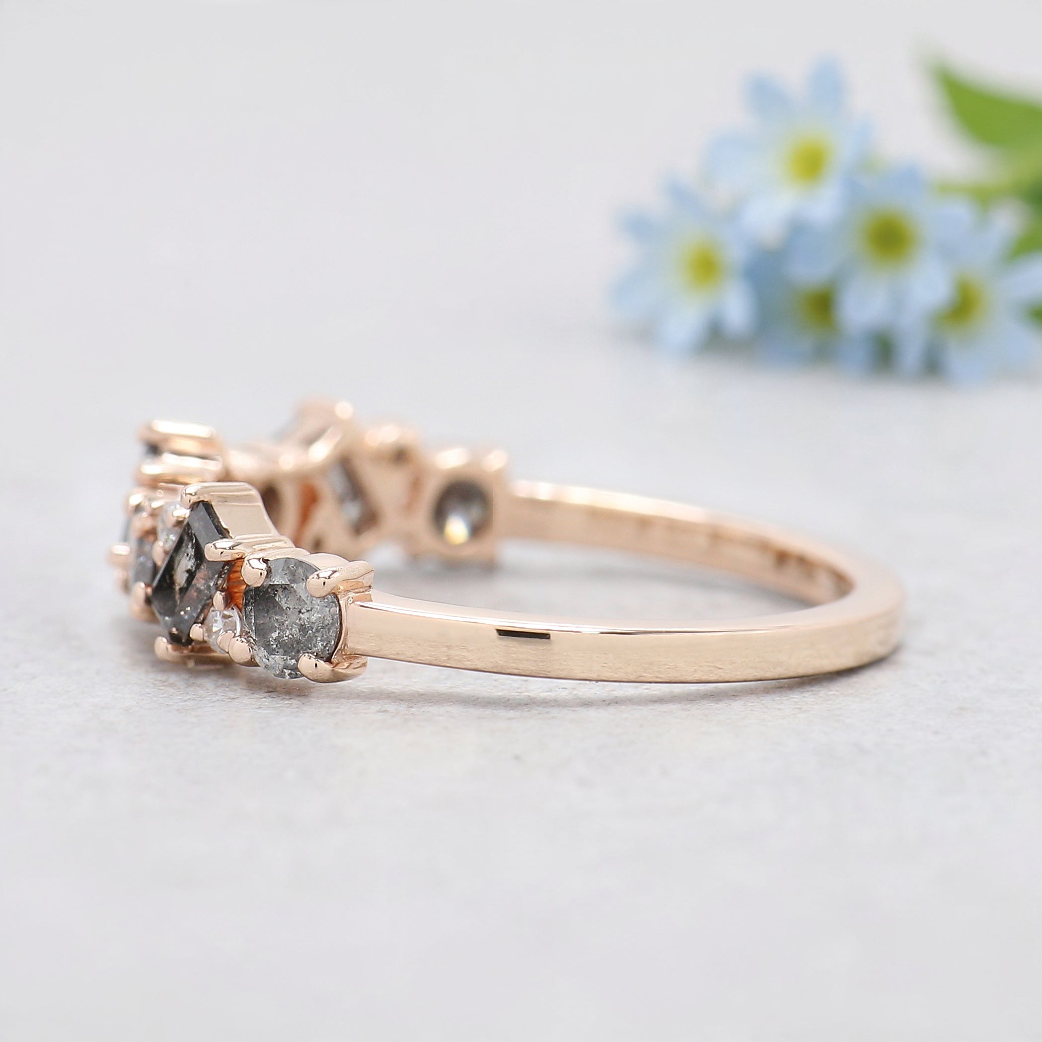 Round & Baguette Salt and Pepper Diamond Band, Half Eternity Wedding Ring in Solid Gold or Silver, Unique Anniversary Gift for Her FD549