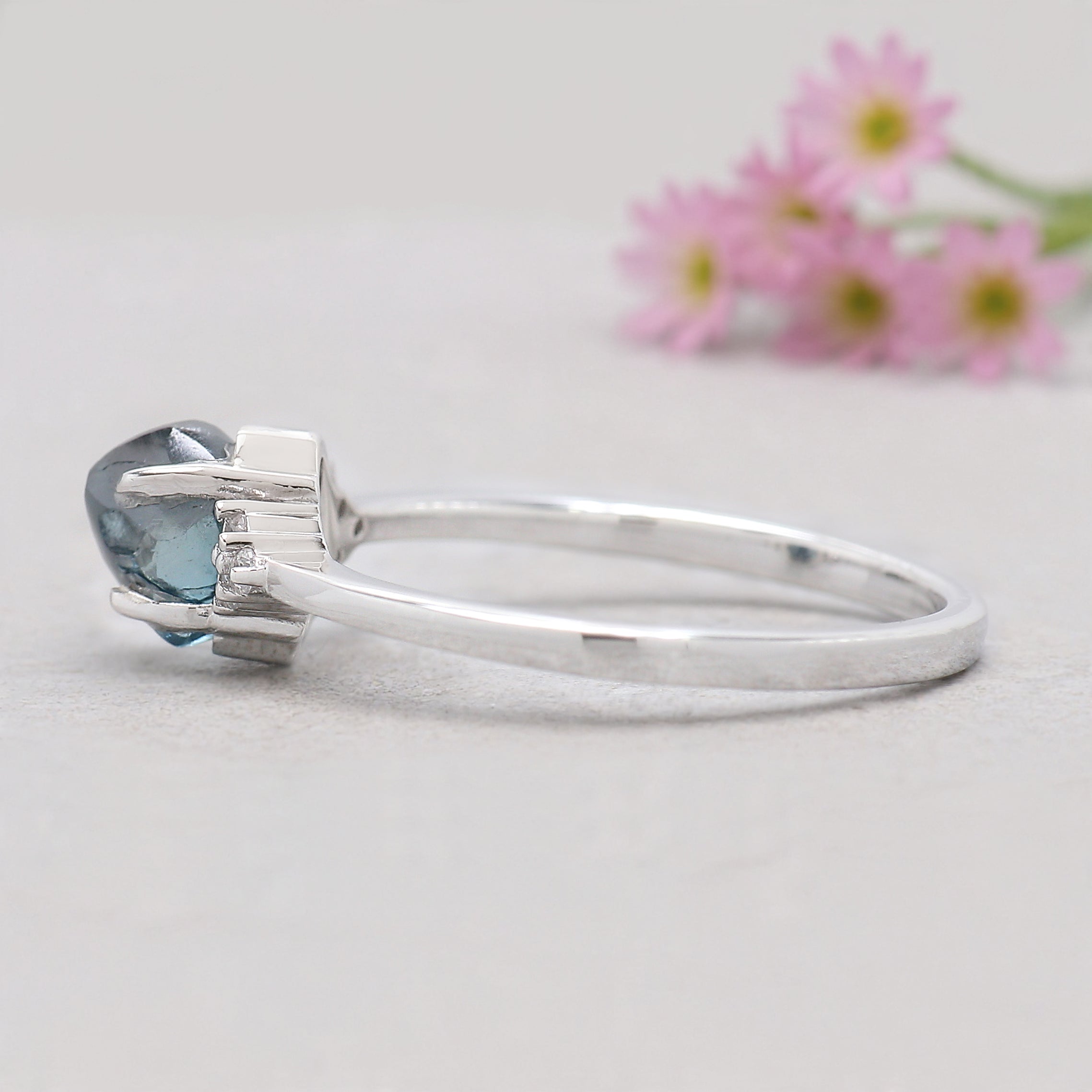 Rough Blue Color Diamond Ring 0.99 Ct 5.83 MM Crystal Rough Diamond Ring 14K Solid White Gold Silver Engagement Ring Gift For Her QL2361