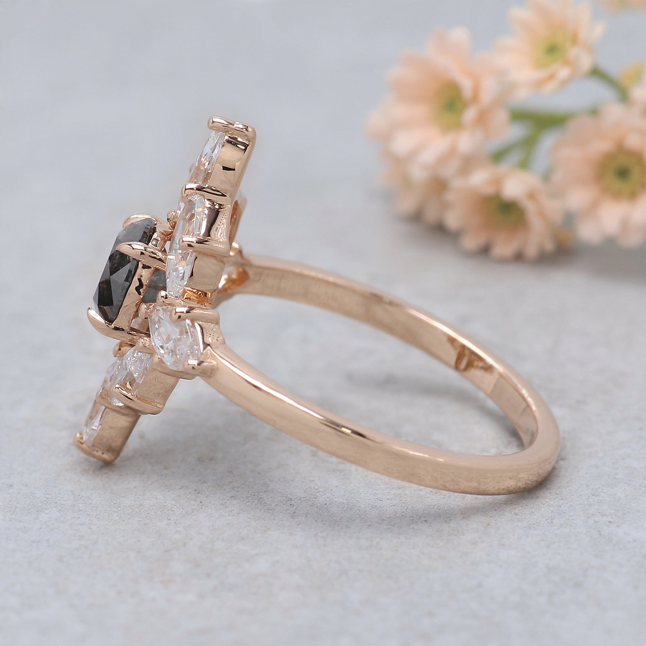 0.68 Ct Natural Round Shape Salt And Pepper Diamond Ring 5.30 MM Round Cut Diamond Ring 14K Solid Rose Gold Silver Engagement Ring KDL1765