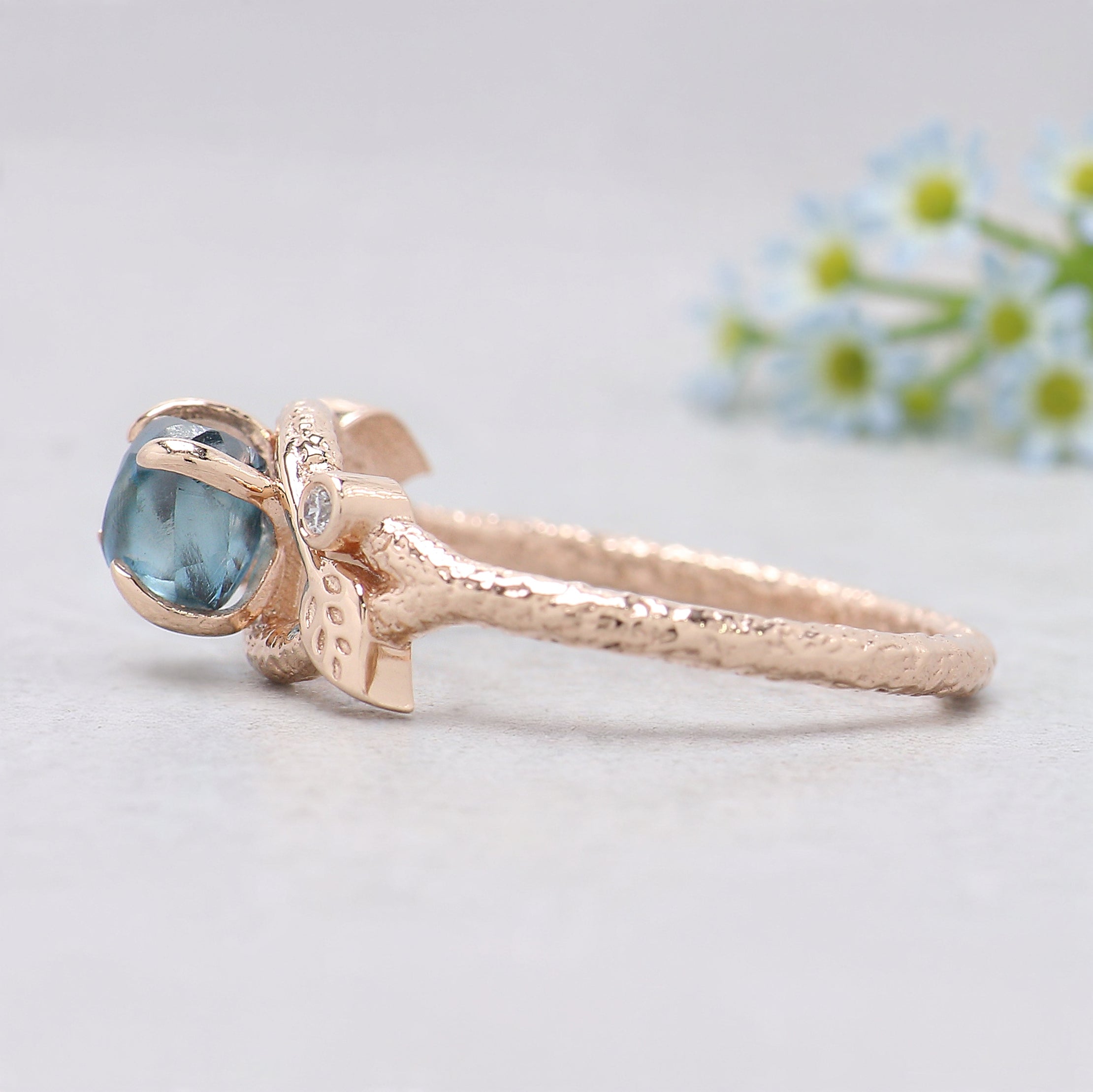 Rough Blue Color Diamond Ring 0.81 Ct 5.45 MM Crystal Rough Diamond Ring 14K Solid Rose Gold Silver Engagement Ring Gift For Her QL2228