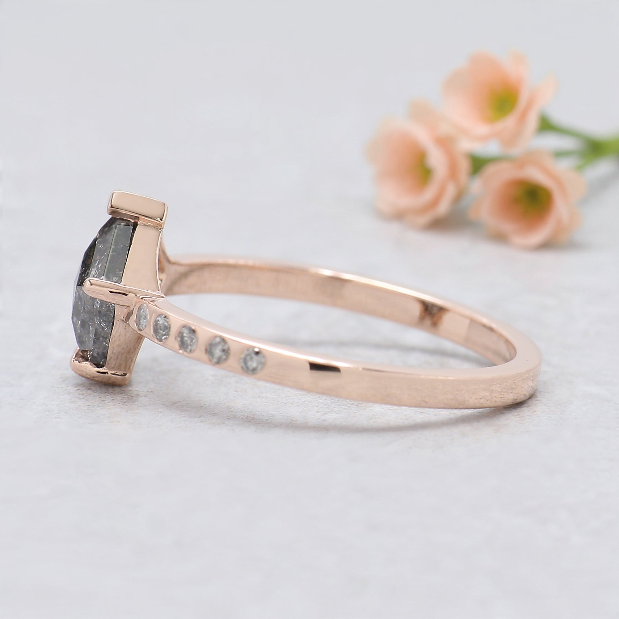 Pentagon Salt and Pepper Diamond Engagement Ring, 14K Rose Gold Ring, Unique Geometric Diamond Ring, Minimalist Fine Jewelry Gift KDL601