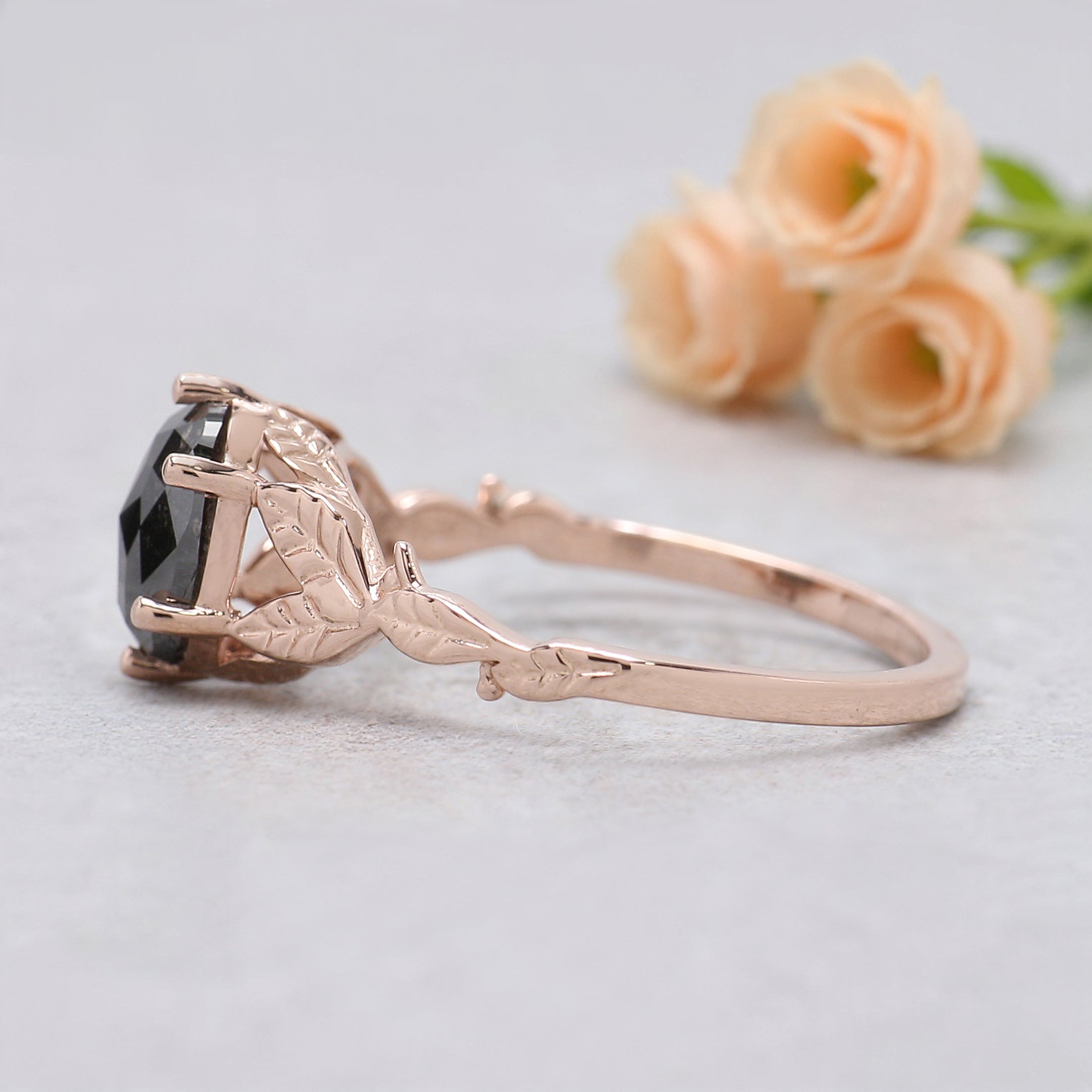 Oval Salt and Pepper Diamond Engagement Ring, 14K Rose Gold Oval Diamond Ring, Rustic Leaf Band, Unique Bridal Ring, Gift for Her KDN1313