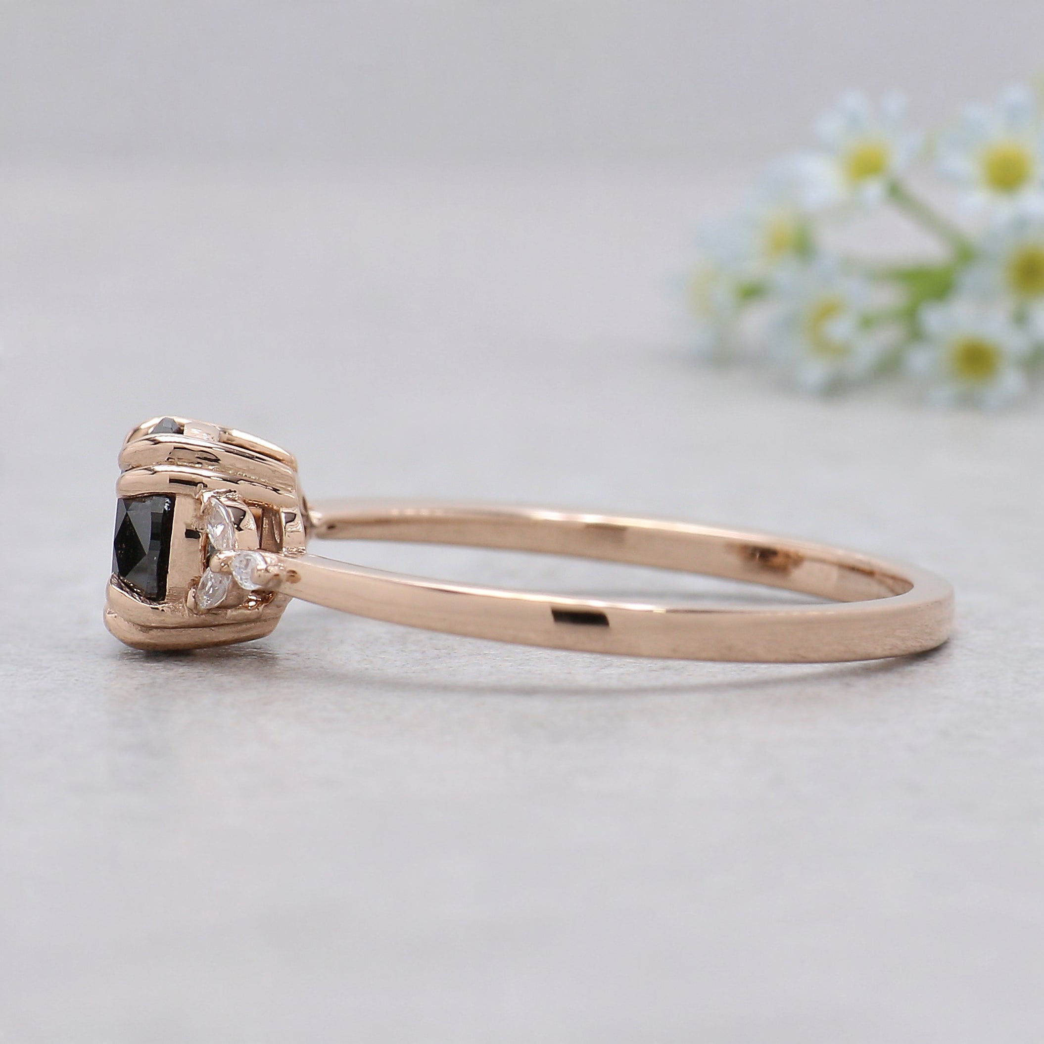 0.90 Ct Natural Round Shape Black Color Diamond Ring 6.05 MM Round Cut Diamond Ring 14K Solid Rose Gold Silver Round Engagement Ring KDL507