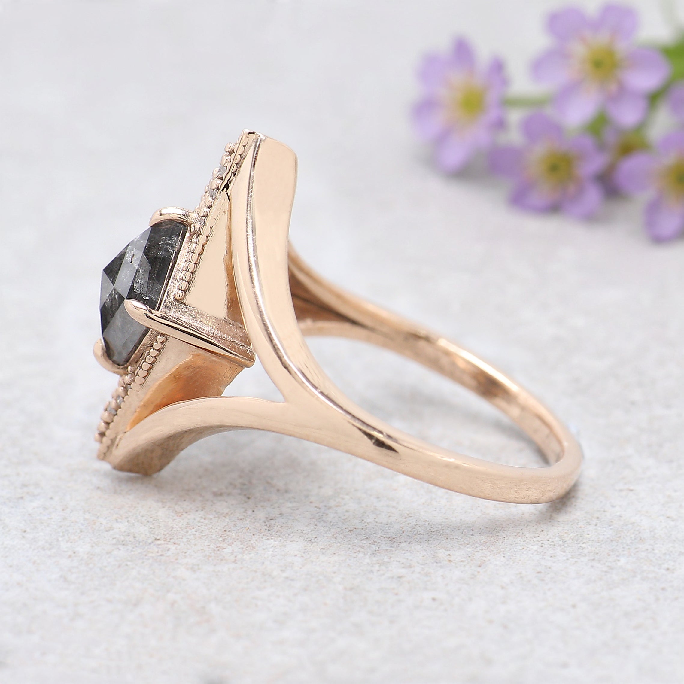 Kite Cut Salt And Pepper Diamond Ring 0.97 Ct 8.09 MM Kite Diamond Ring 14K Solid Rose Gold Silver Kite Engagement Ring Gift For Her QL2199