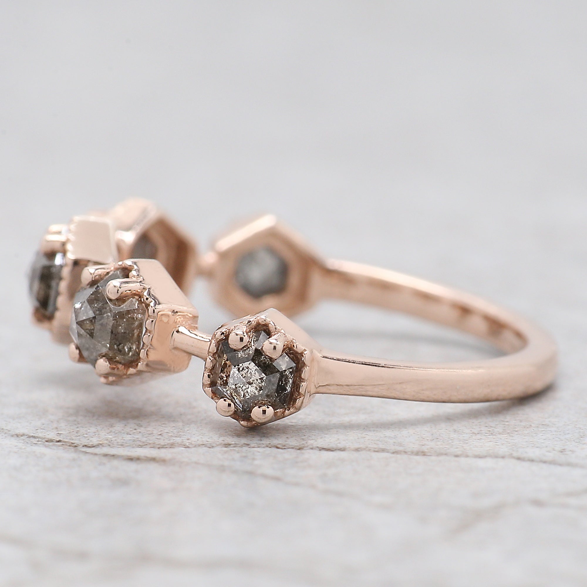 Hexagon Cut Salt And Pepper Diamond Ring 1.24 Ct 3.60 MM Hexagon Cut Diamond Ring 14K Rose Gold Silver Engagement Ring Gift For Her QL7558