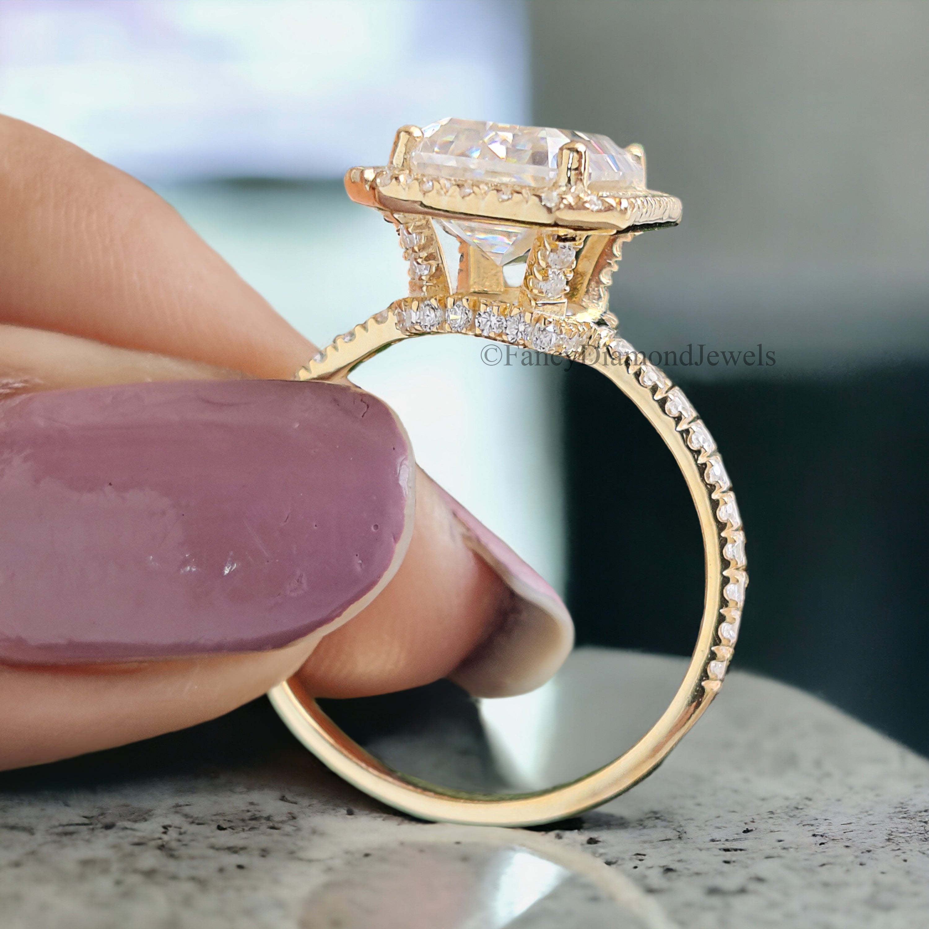 Emerald Cut Colorless Moissanite Engagement Ring 3.00 Ct Solid 14k Yellow Gold Ring Bridal Wedding Ring Halo Set Ring Gift For Her FD212