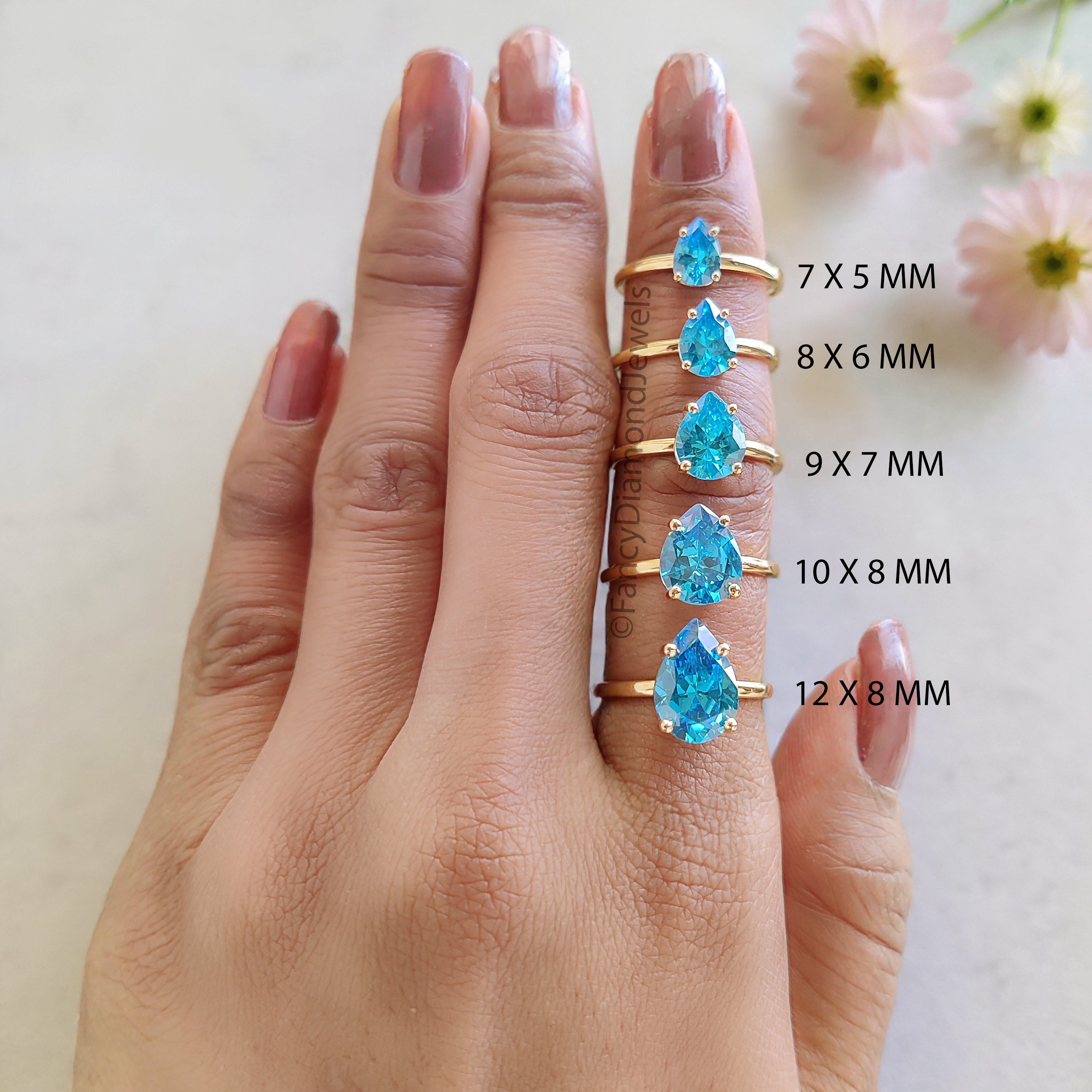 Pear Blue Aquamarine engagement ring 12mm 10mm 9mm 8mm 7mm stone ring Simulant Solitaire ring Diamond ring Silver ring Gift for her FD546