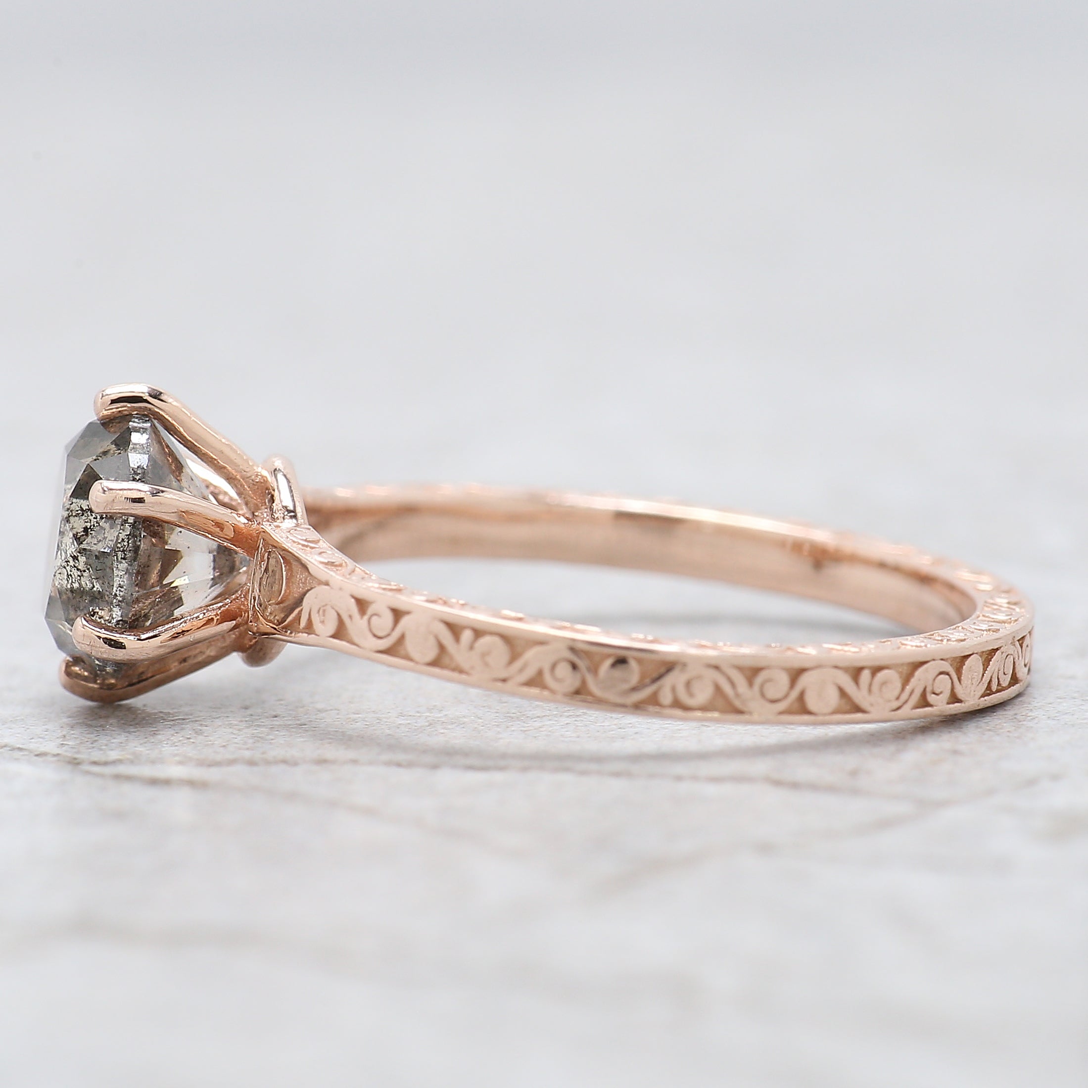 Round Salt And Pepper Diamond Ring 1.51 Ct 6.60 MM Round Cut Diamond Ring 14K Solid Rose Gold Silver Engagement Ring Gift For Her QL8399