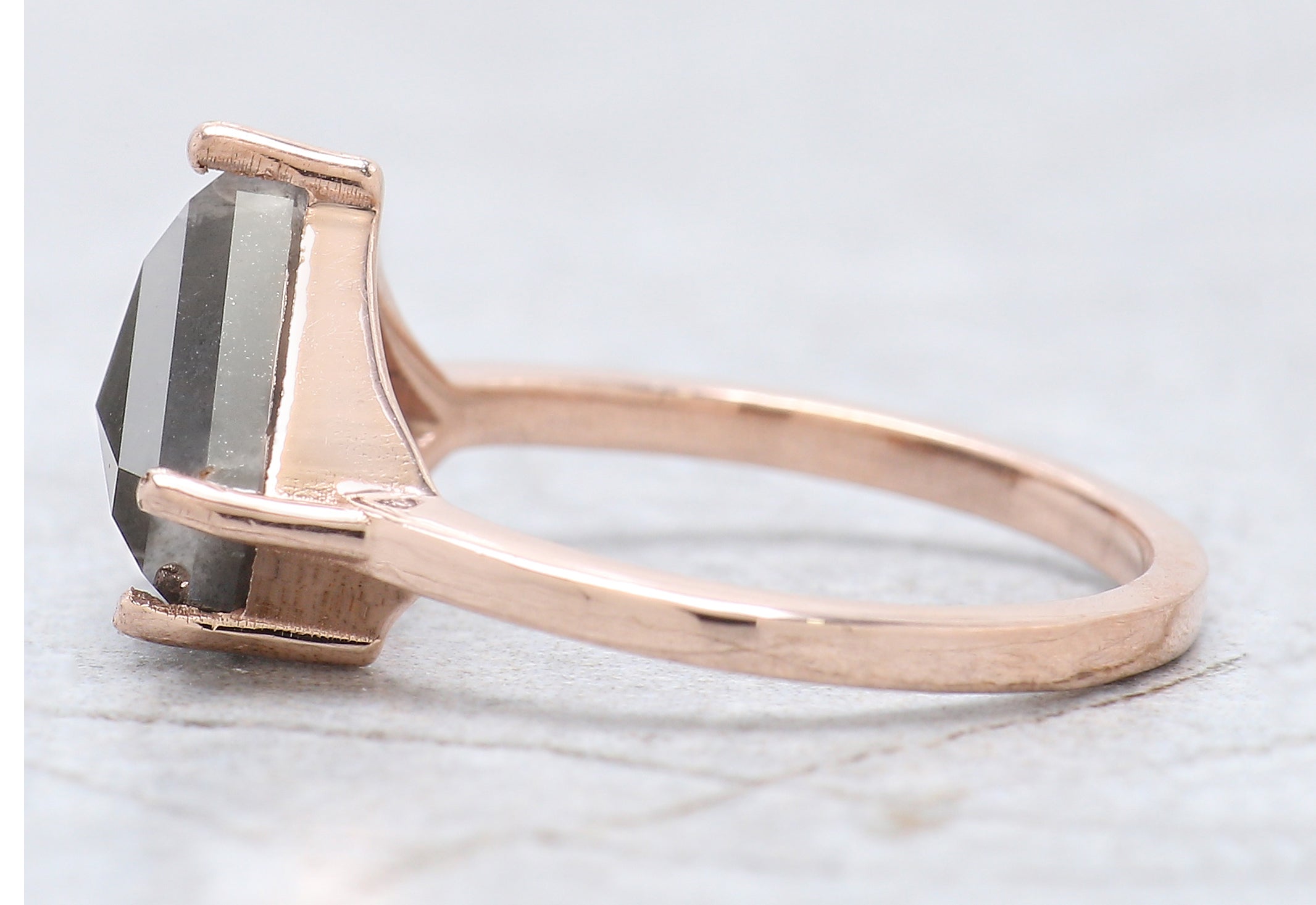 Shield Cut Salt And Pepper Diamond Ring 3.67 Ct 8.90 MM Shield Diamond Ring 14K Solid Rose Gold Silver Engagement Ring Gift For Her QL982