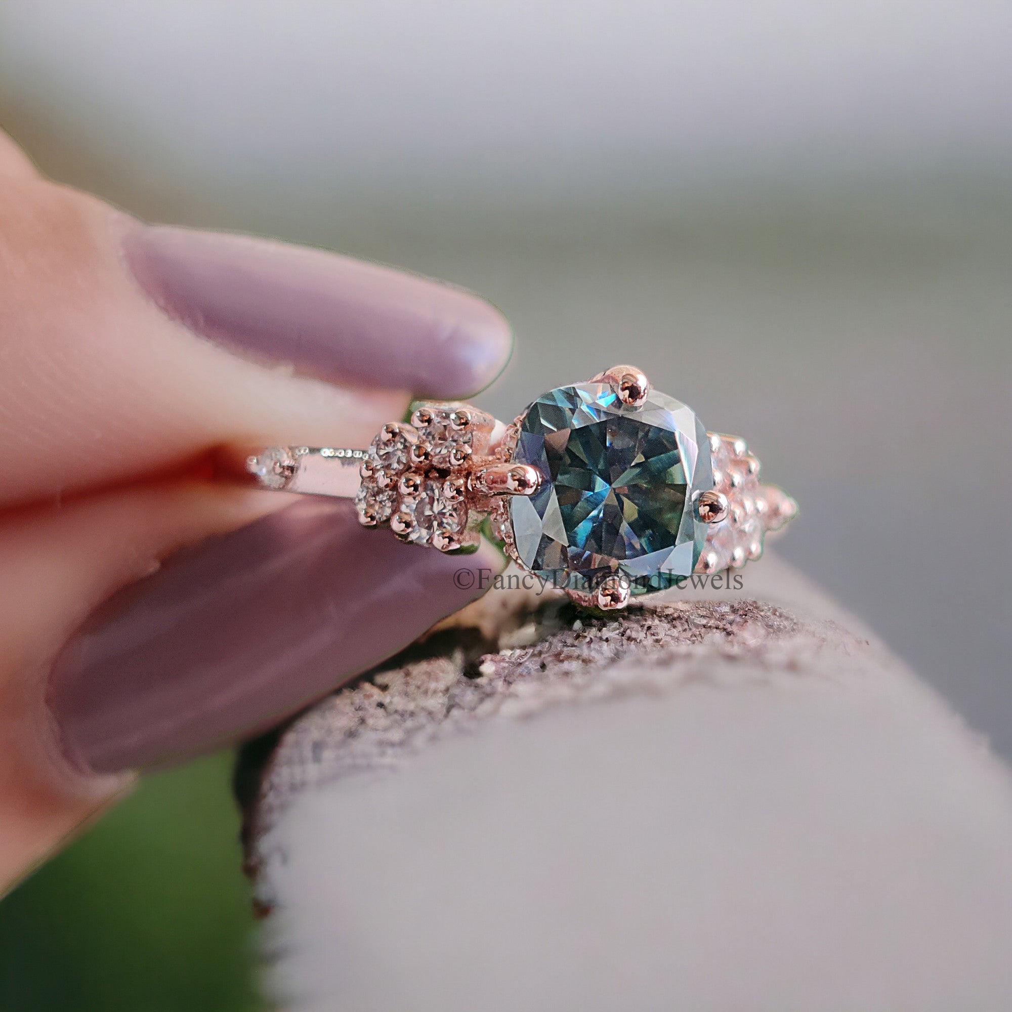 Muse Engagement Ring for Women 1.25 TW Cushion Fancy Cut Cyan Blue Moissanite Ring Hidden Halo Ring Wedding Ring for Her Comfort Fit FD08