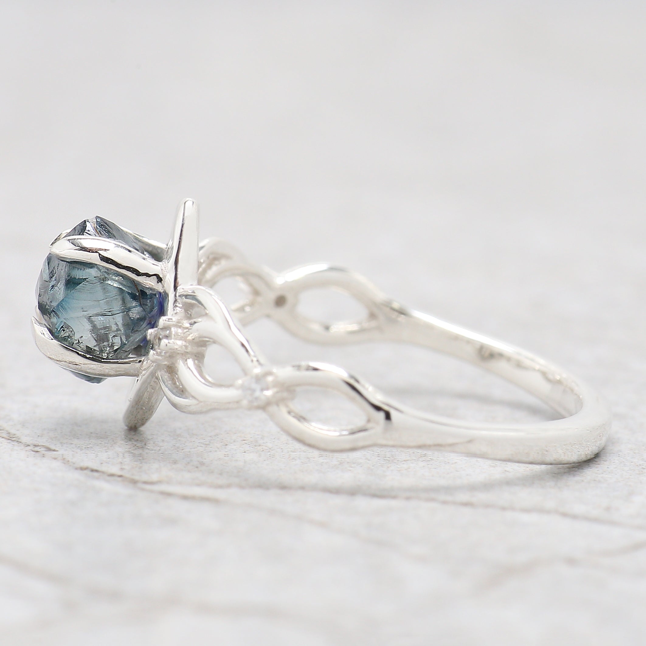 Rough Blue Color Diamond Ring 1.48 Ct 6.99 MM Crystal Rough Diamond Ring 14K Solid White Gold Silver Engagement Ring Gift For Her QL2357