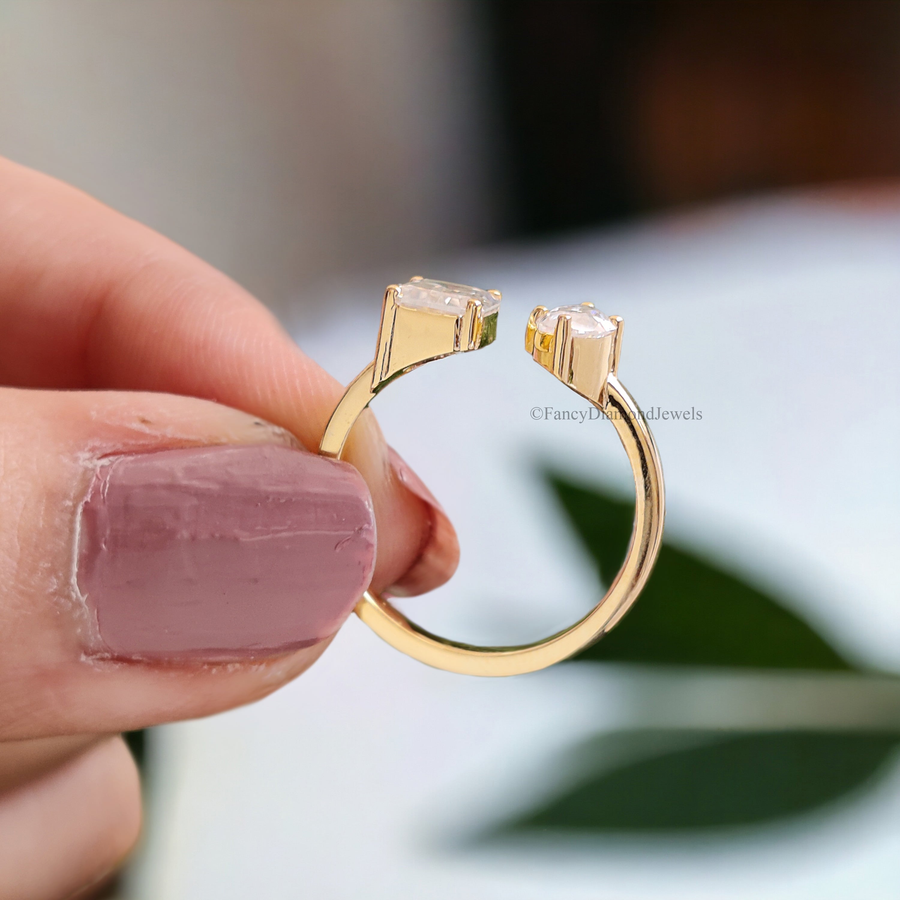 Toi Et Moi Moissanite Ring Marquise And Emerald Moissanite Wedding Ring Colorless Moissanite Engagement Ring Open Cuff Proposal Ring FD141