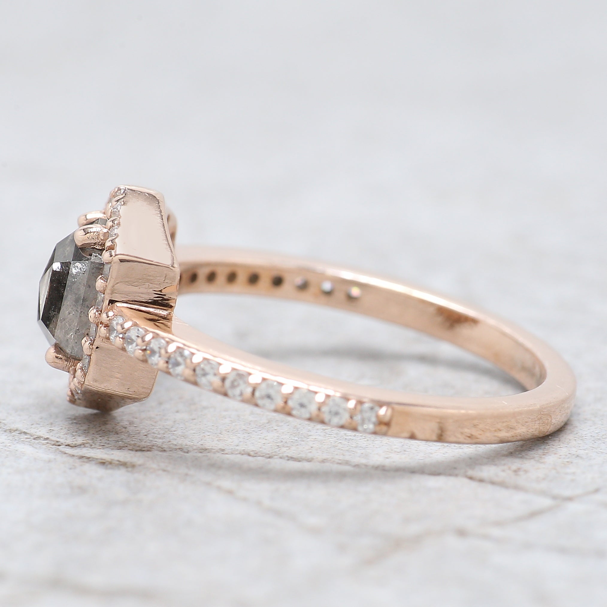 Hexagon Salt And Pepper Diamond Ring 1.00 Ct 6.35 MM Hexagon Cut Diamond Ring 14K Solid Rose Gold Silver Engagement Ring Gift For Her QL276