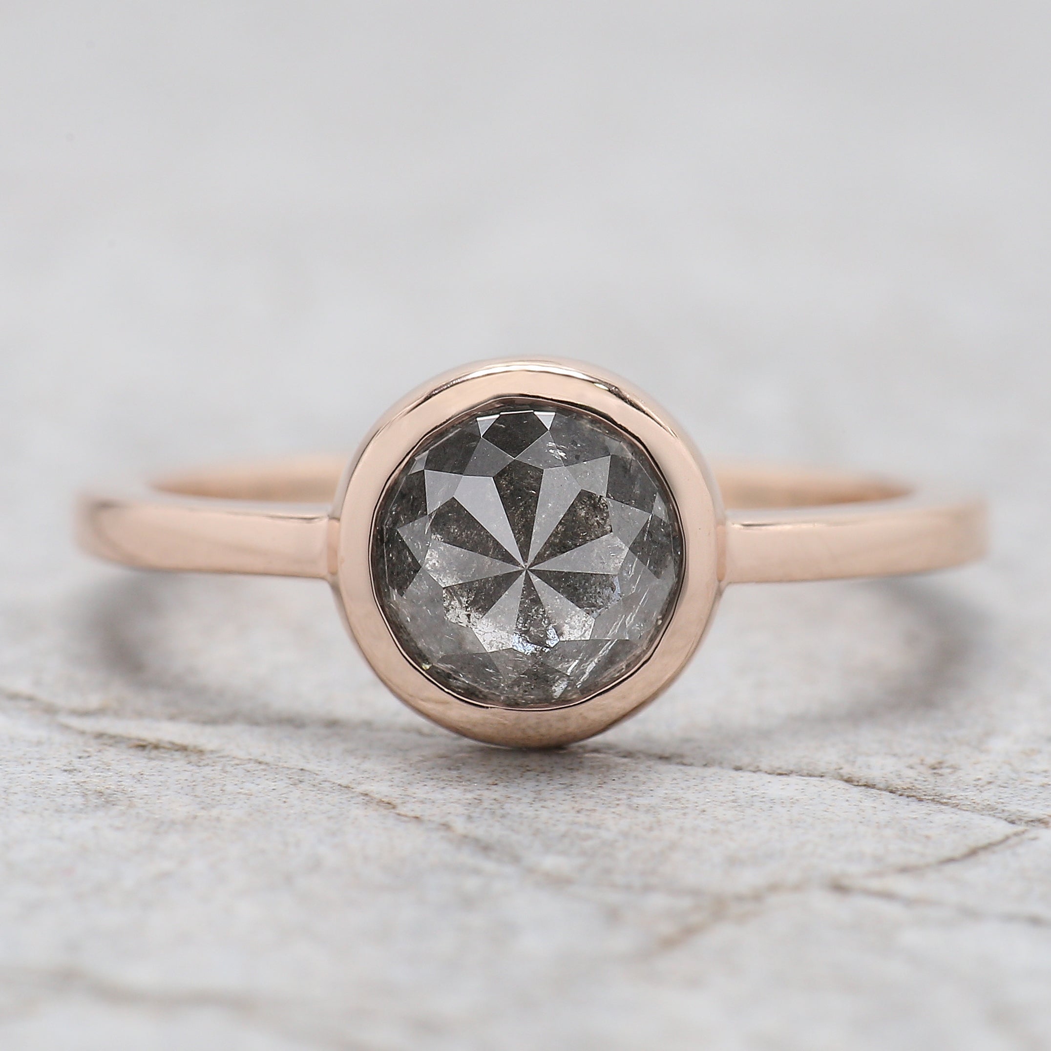 Round Rose Cut Salt And Pepper Diamond Ring 1.54 Ct 6.73 MM Round Diamond Ring 14K Rose Gold Silver Engagement Ring Gift For Her QL1917