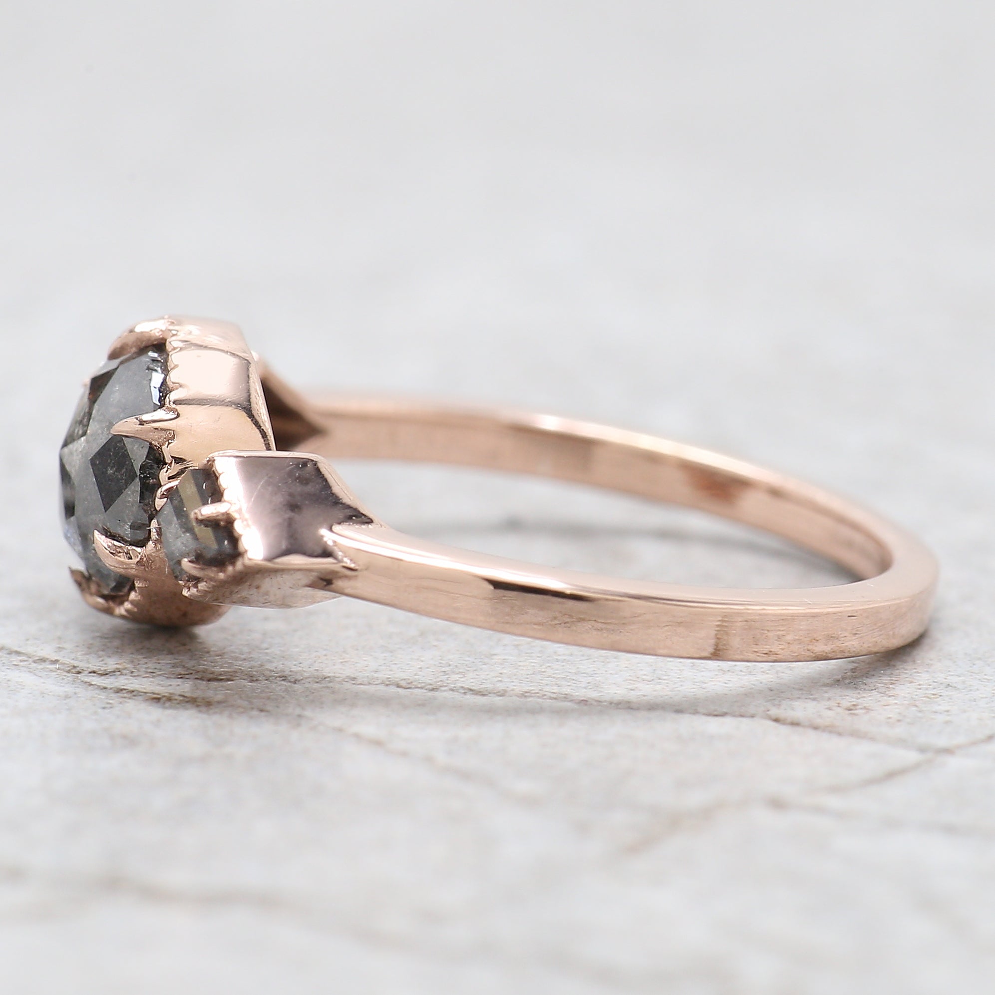 Round Rose Cut Salt And Pepper Diamond Ring 1.08 Ct 6.35 MM Round Diamond Ring 14K Rose Gold Silver Engagement Ring Gift For Her QL1402