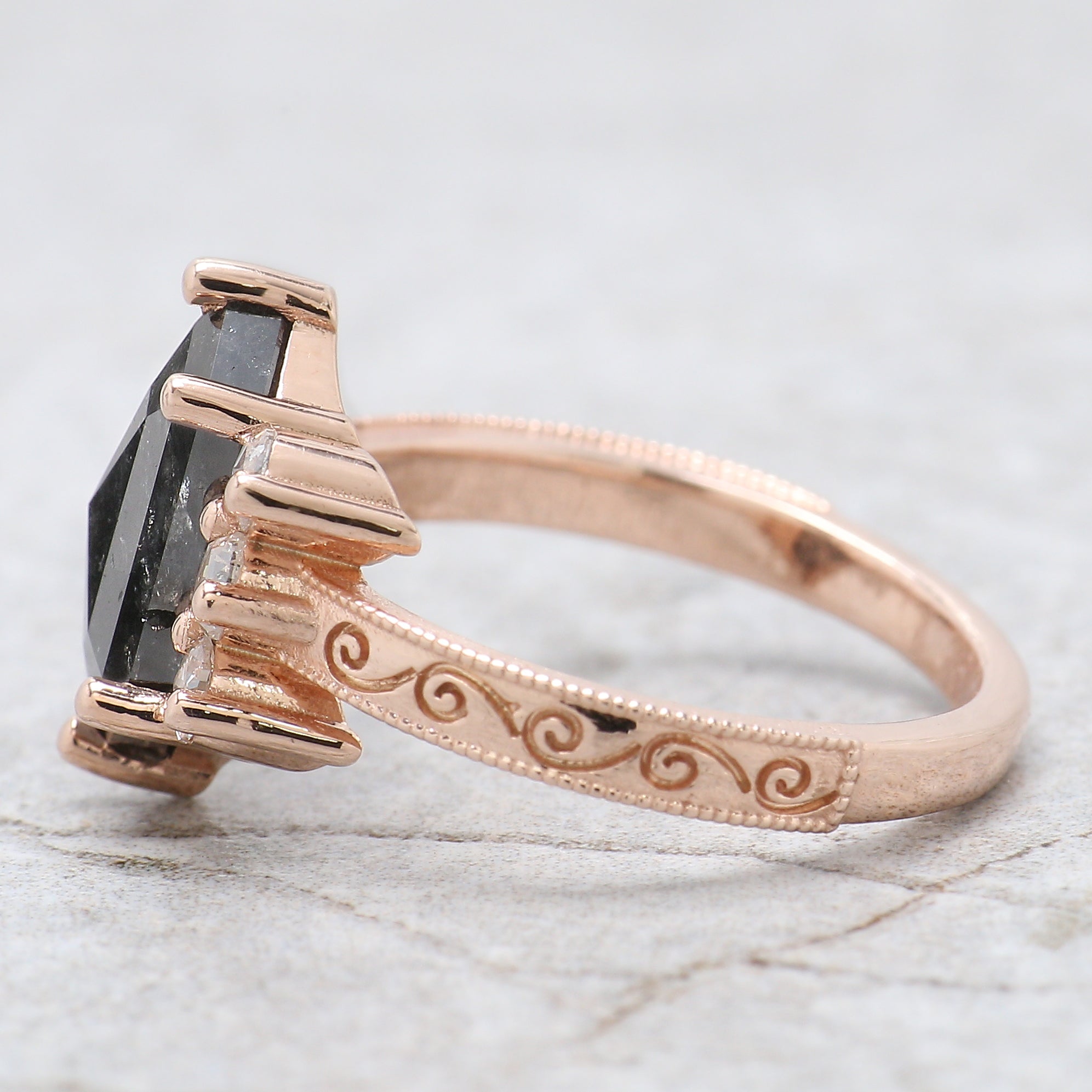 Shield Cut Salt And Pepper Diamond Ring 2.85 Ct 7.80 MM Shield Diamond Ring 14K Solid Rose Gold Silver Engagement Ring Gift For Her QL8767