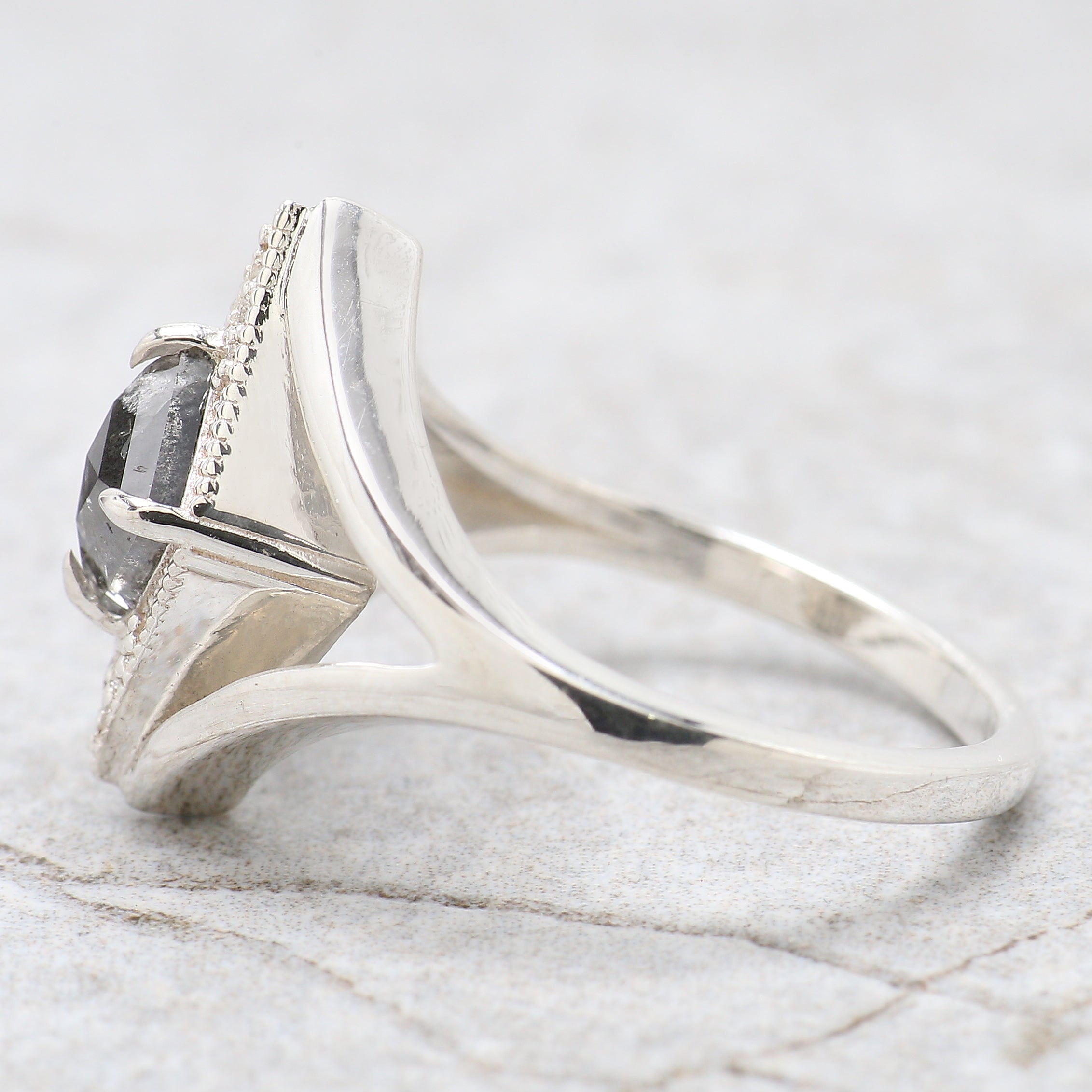 Kite Shape Salt And Pepper Diamond Ring 0.82 Ct 7.05 MM Kite Cut Diamond Ring 14K Solid White Gold Silver Engagement Ring Spilt Ring QN1650