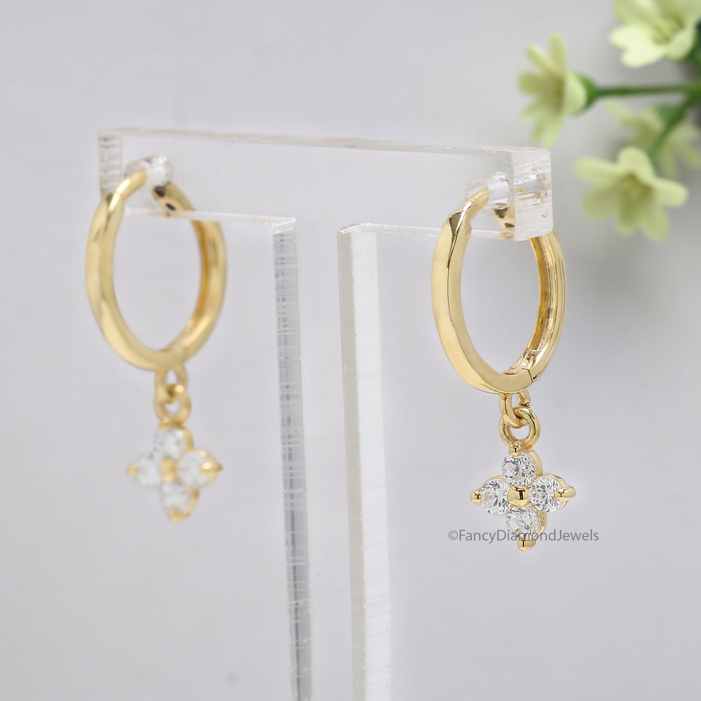 Round Diamond Flower Huggie Hoop Earrings, Minimalist Gold Dangle Earrings, Dainty Diamond Hoop, Bridesmaid Gift for Mom, Gift for Her FD551