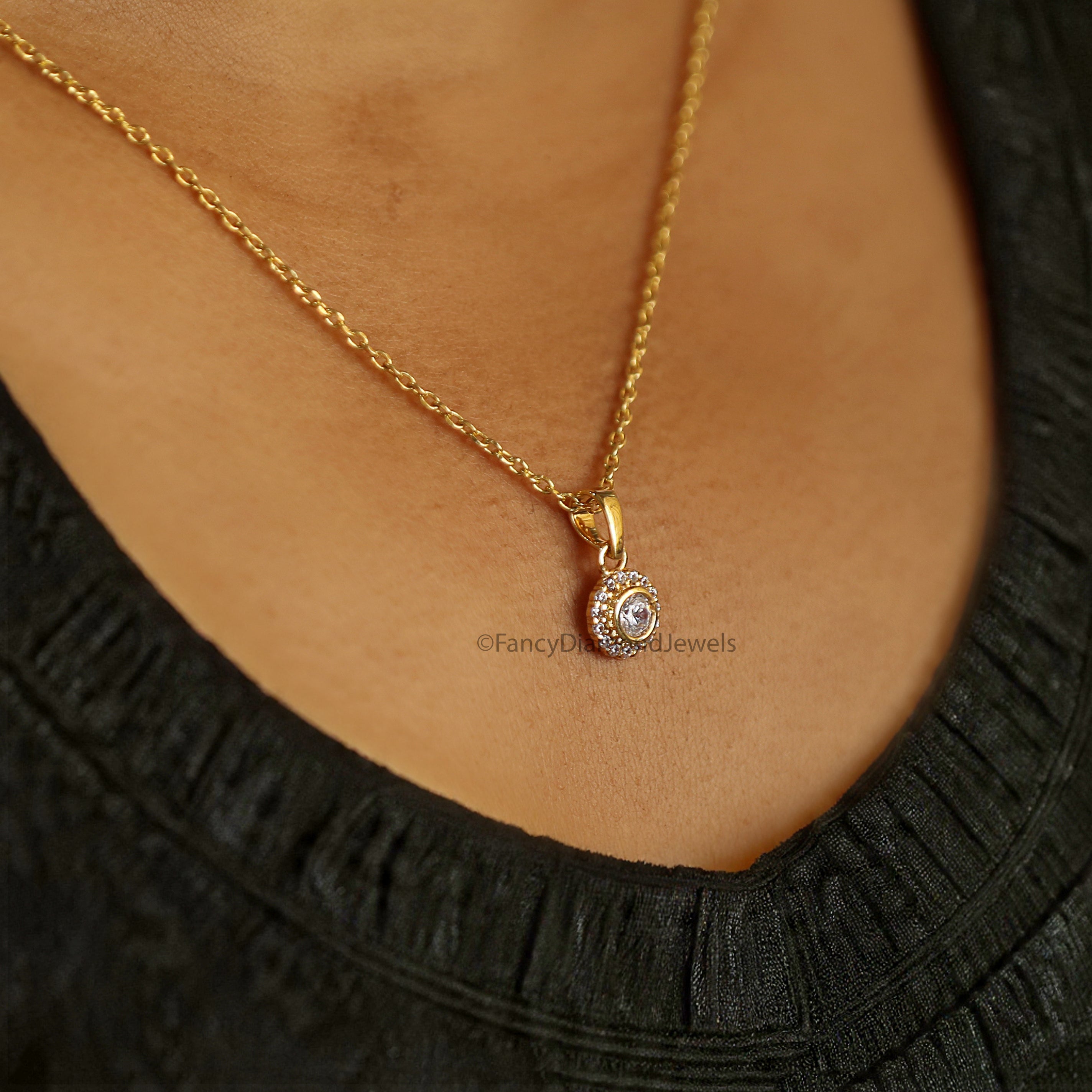 Round Brilliant Cut Moissanite Diamond Pendant, Unique Diamond Pendant, Halo With Bezel Setting Pendant, Dangling Diamond Pendant KD1004
