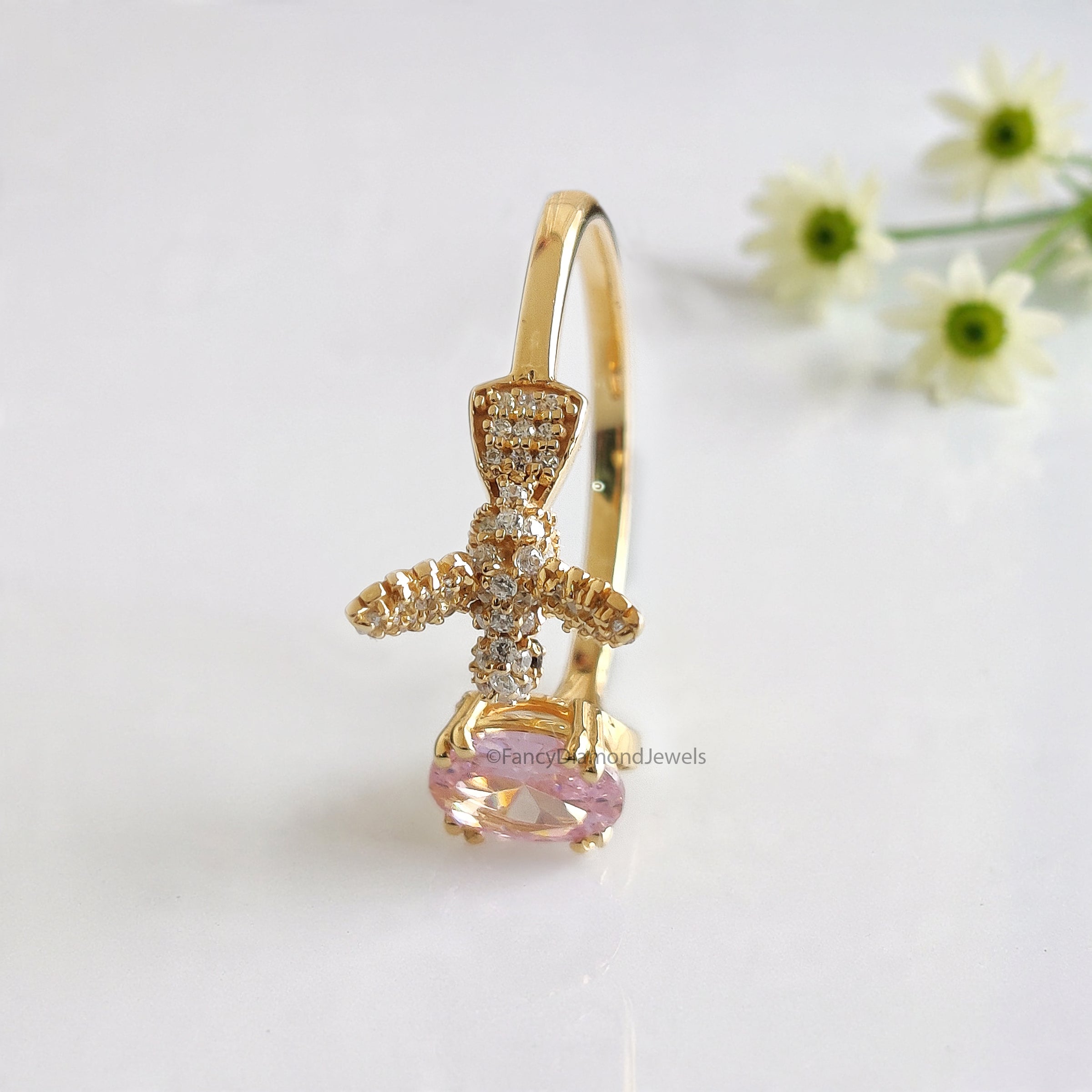 Oval Diamond Bird Ring Simulated Diamond Engagement Ring Yellow Plated Ring Anniversary Ring Simulant Pink Oval ring Gift For Her FD532