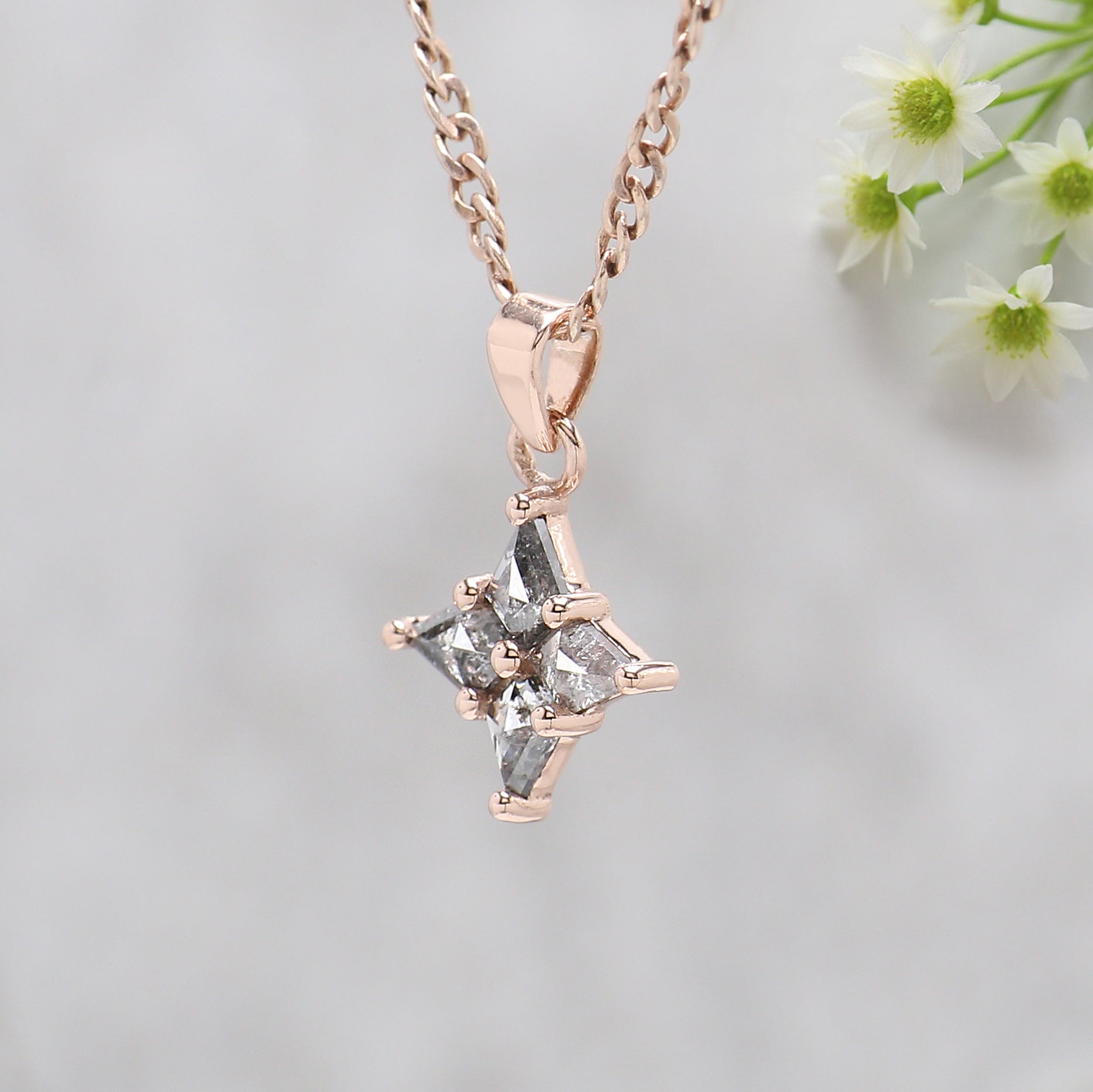 Kite Shape Salt and Pepper Diamond Pendant 0.27 Ct, 14K Solid Rose Gold Necklace, Rustic Diamond Engagement Pendant, Gift for Her KD1087