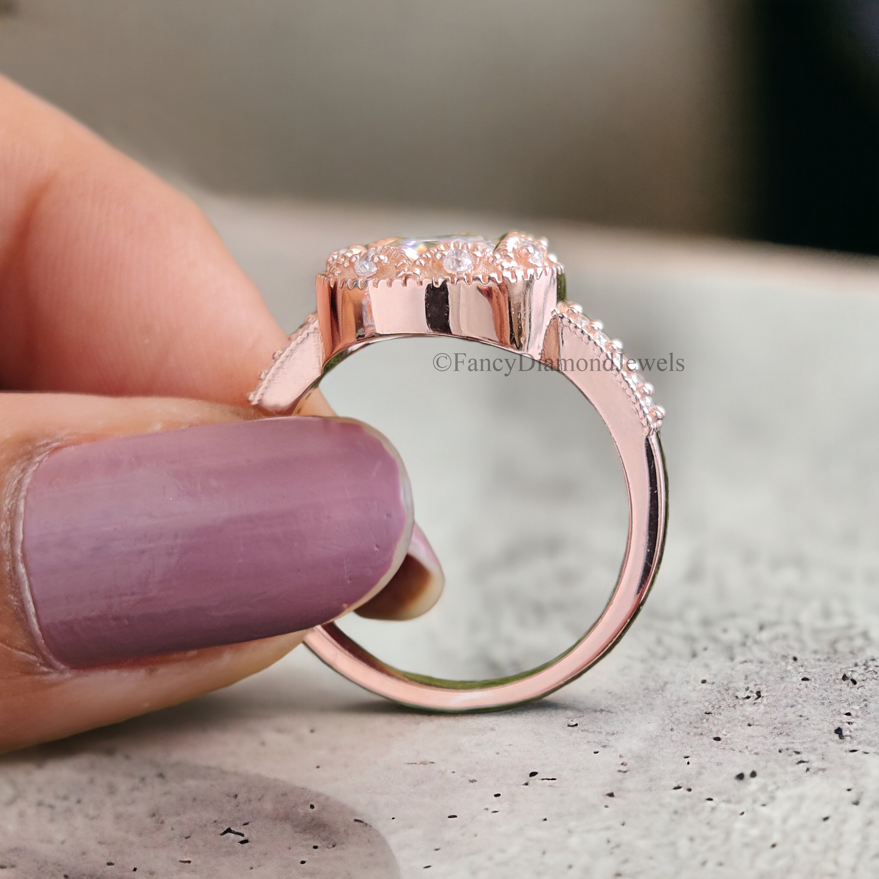 Round Cut Moissanite Engagement Ring Halo Milgrain Engagement Ring Handmade Jewelry Rose Gold Wedding Ring Surprise Gifts for Her FD166