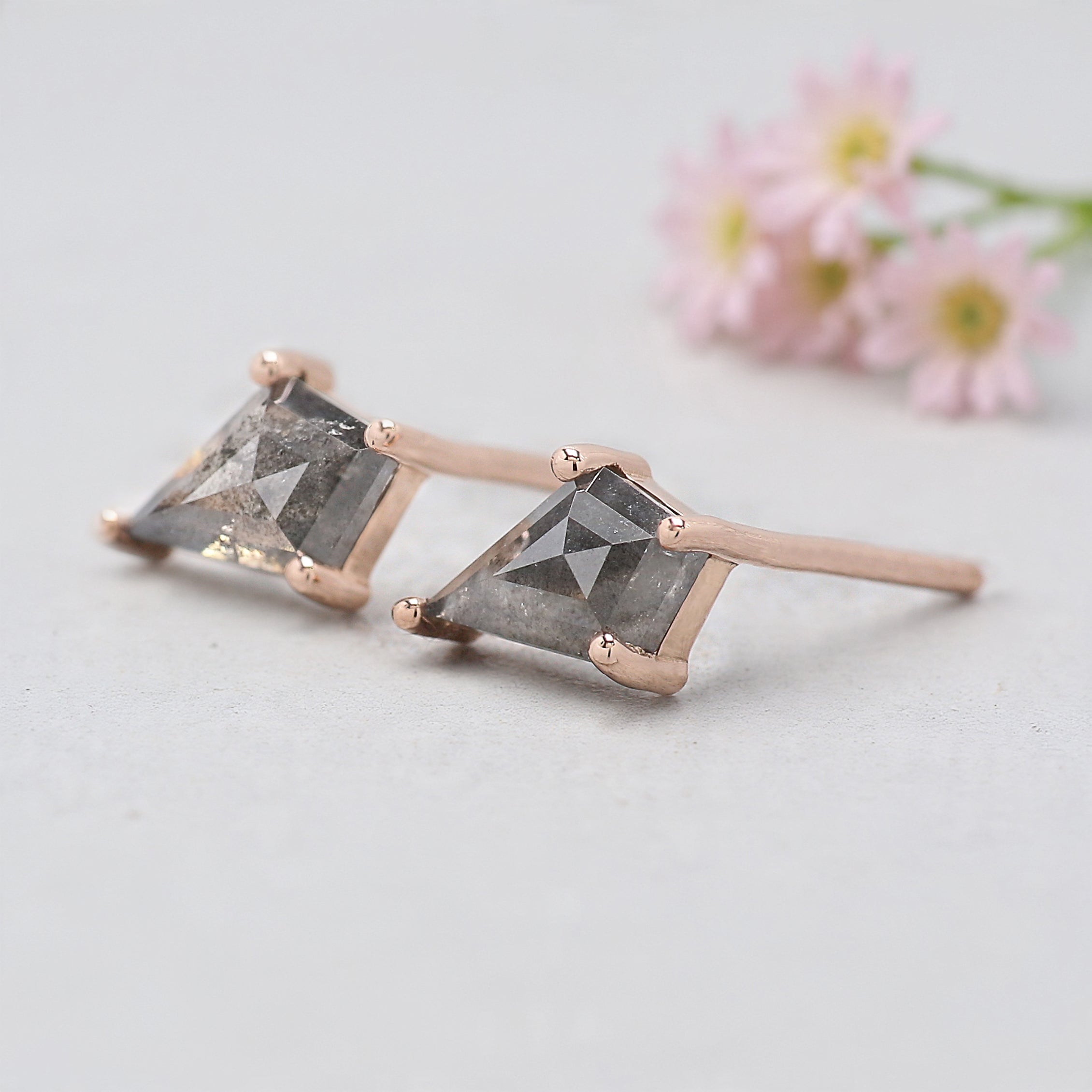 Kite Cut Salt And Pepper Diamond Earring 1.18 Ct 7.70 MM Kite Shape Diamond Earring 14K Solid Rose Gold Silver Earring Gift For Her KDL3438