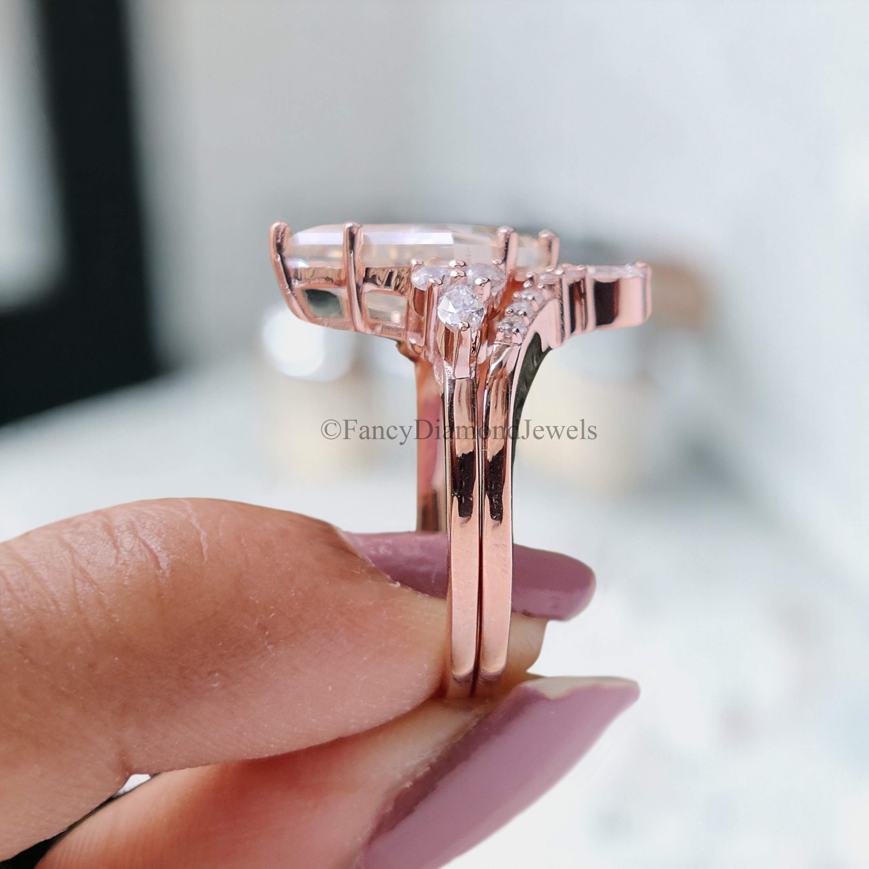 Vintage kite cut Moissanite engagement ring set 14k rose gold marquise cut moissanite ring for women unique bridal wedding ring set FD185