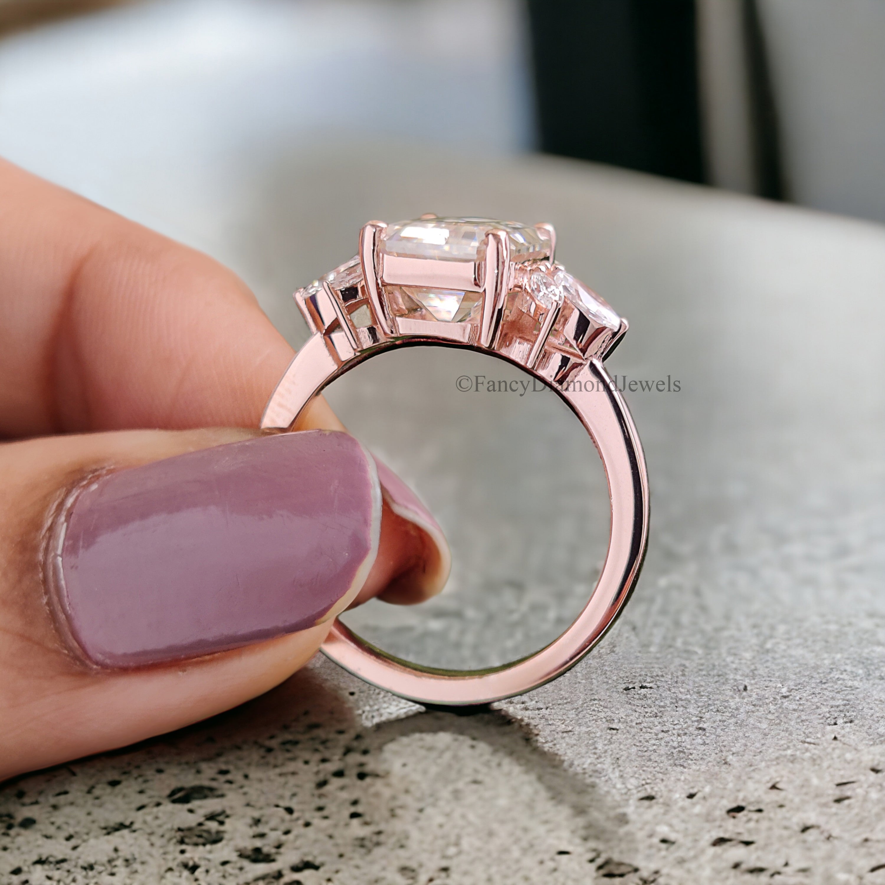 Emerald cut Moissanite engagement ring vintage Unique rose gold Marquise cut diamond Cluster engagement ring women wedding Bridal gift FD176
