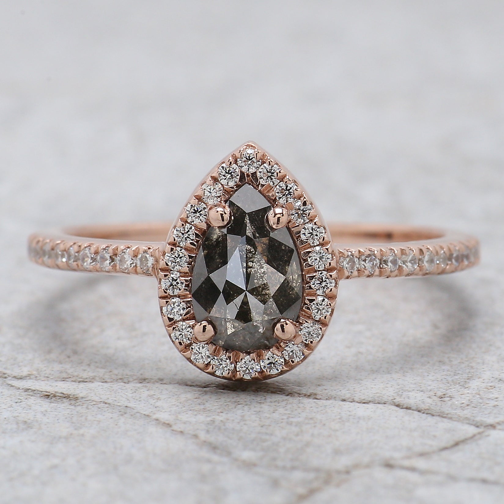 Pear Cut Salt And Pepper Diamond Ring 0.73 Ct 7.10 MM Pear Shape Diamond Ring 14K Solid Rose Gold Silver Engagement Ring Gift For Her QL1025