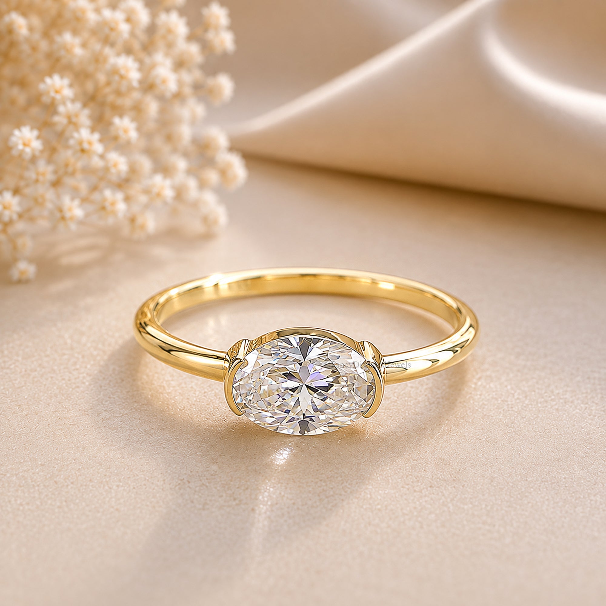 Oval Shape Lab Grown Diamond Half Bezel Ring Solid Gold, Thin Dainty Ring, Oval Diamond Pinky Ring, Minimal Wedding Band Gift For Her FD564