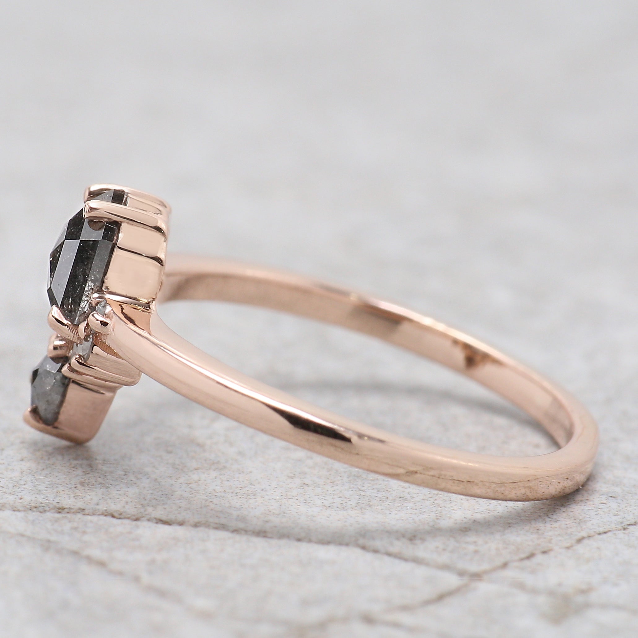 0.69 Ct Natural Hexagon Shape Salt And Pepper Diamond Ring 6.00 MM Hexagon Cut Diamond Ring 14K Solid Rose Gold Silver Engagement Ring QN849