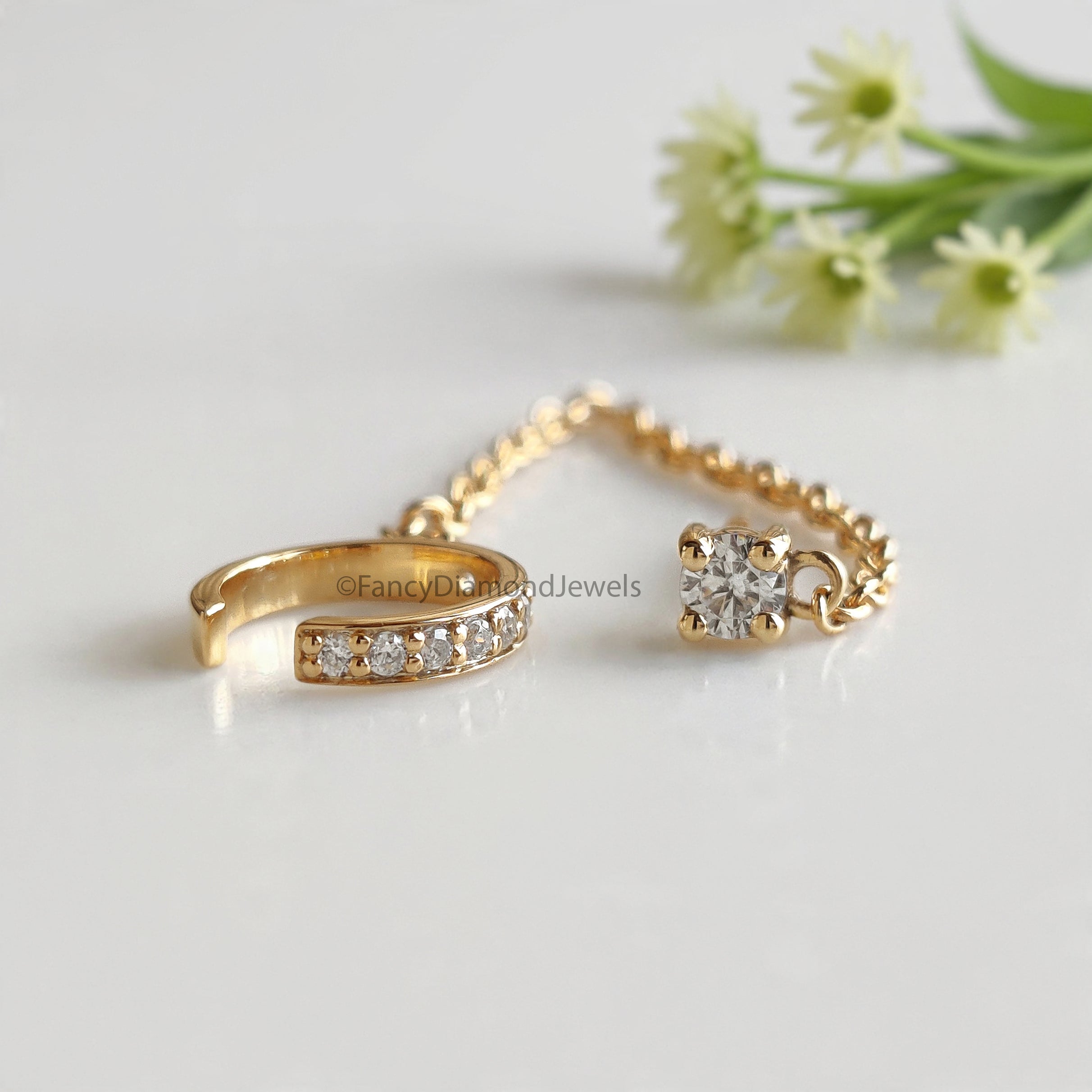 Minimalist Pave Ear Cuff Chain Earrings Round Diamond Stud Dangle Earrings in Gold and Sterling Silver Trendy Ear Cuff Chain Earrings FD533