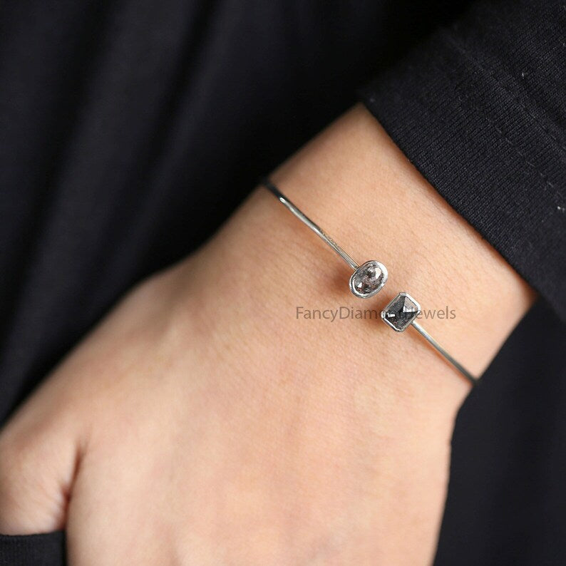 1.14 Ct Natural Mix Shape Salt and Pepper Diamond Bracelet 6.40 MM Mix Shape Bracelet 14K Rose Gold Silver Engagement Bracelet KD1220