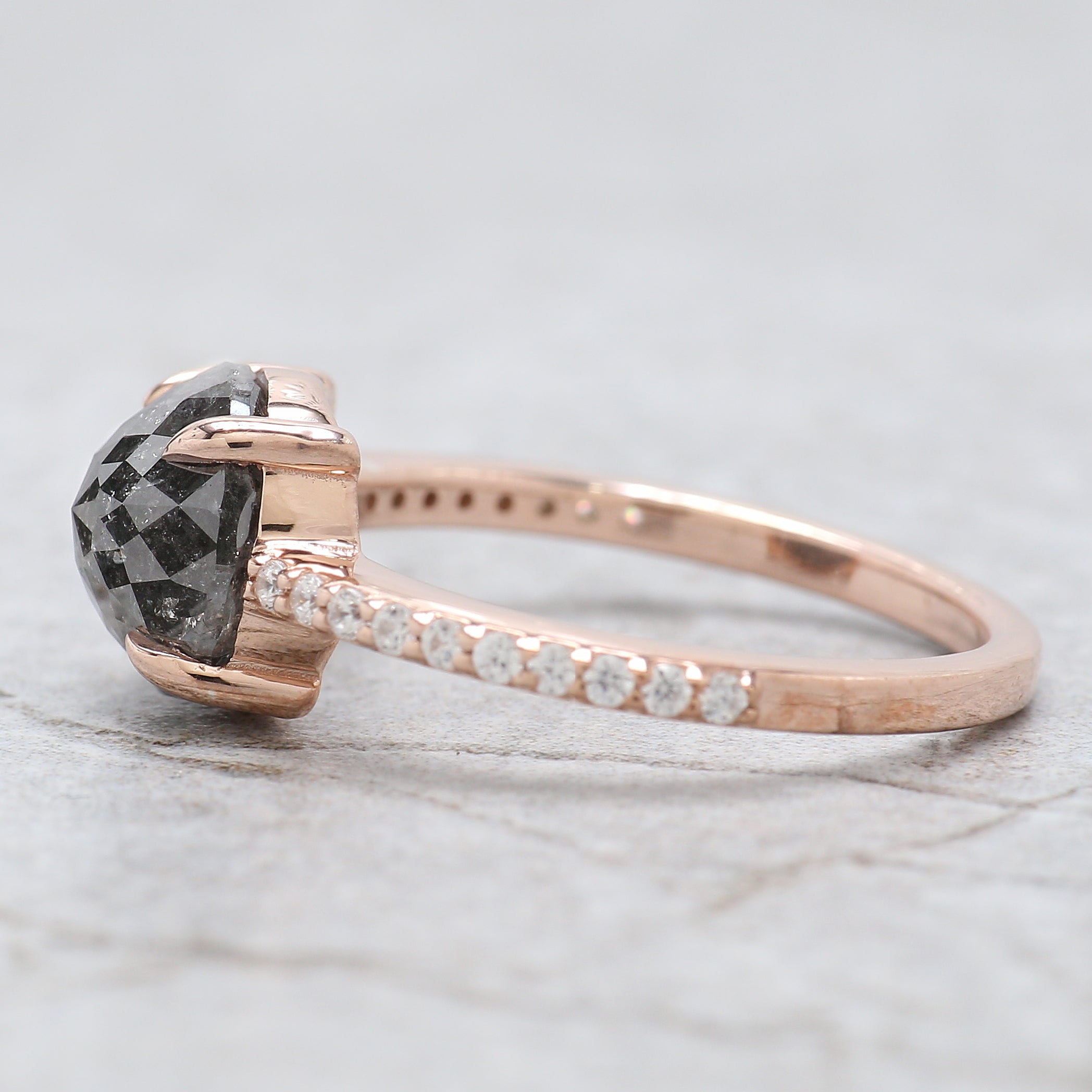 Round Rose Cut Salt And Pepper Diamond Ring 2.49 Ct 8.15 MM Round Diamond Ring 14K Rose Gold Silver Engagement Ring Gift For Her QL202