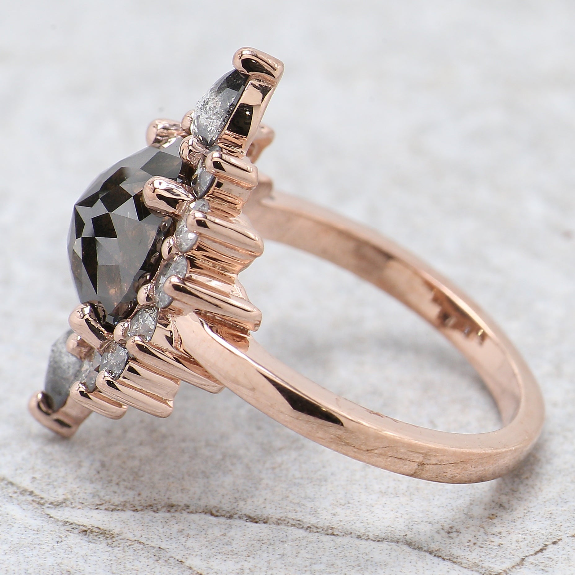 Round Rose Cut Salt And Pepper Diamond Ring 4.20 Ct 9.90 MM Round Diamond Ring 14K Rose Gold Silver Engagement Ring Gift For Her QL8509