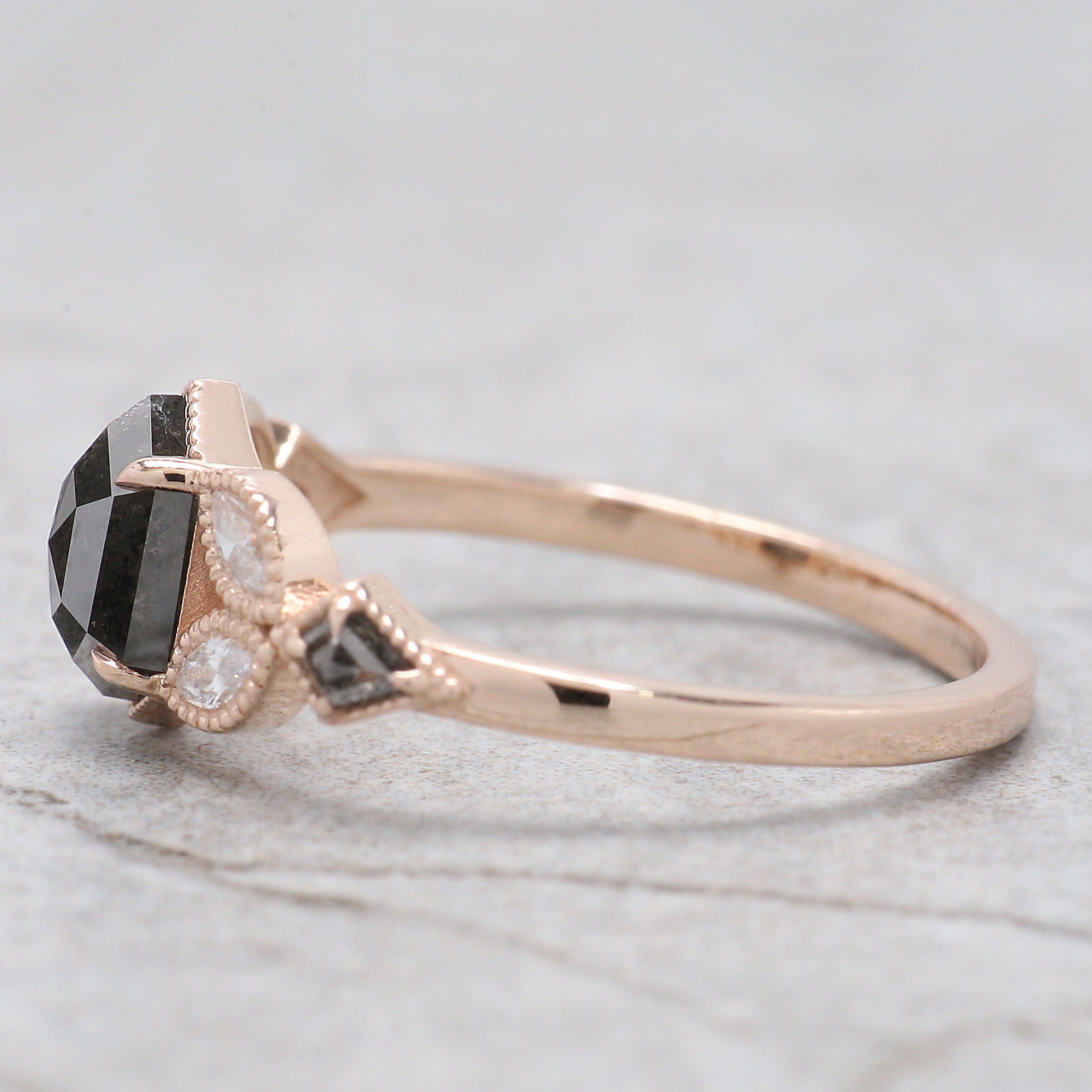 Hexagon Cut Salt And Pepper Diamond Ring 0.98 Ct 6.83 MM Hexagon Cut Diamond Ring 14K Rose Gold Silver Engagement Ring Gift For Her QL2943