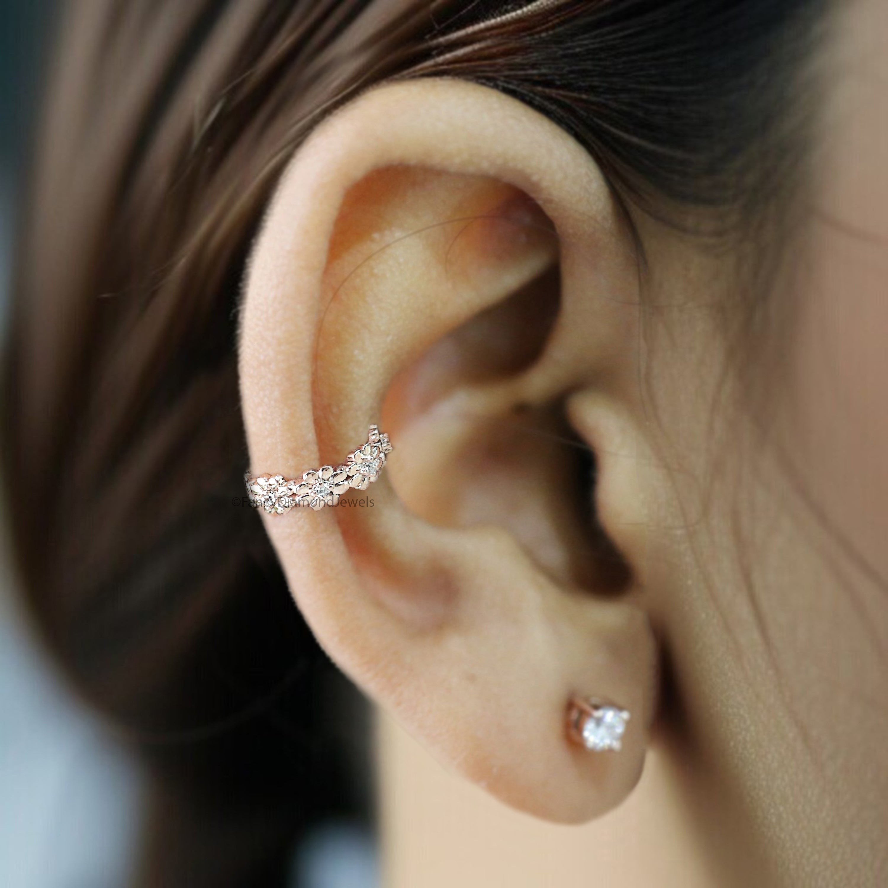 Natural Round White Diamond 14K Solid Rose White Yellow Gold Ear Cuff Ring Engagement Wedding Gift Flower Cuff KD1069