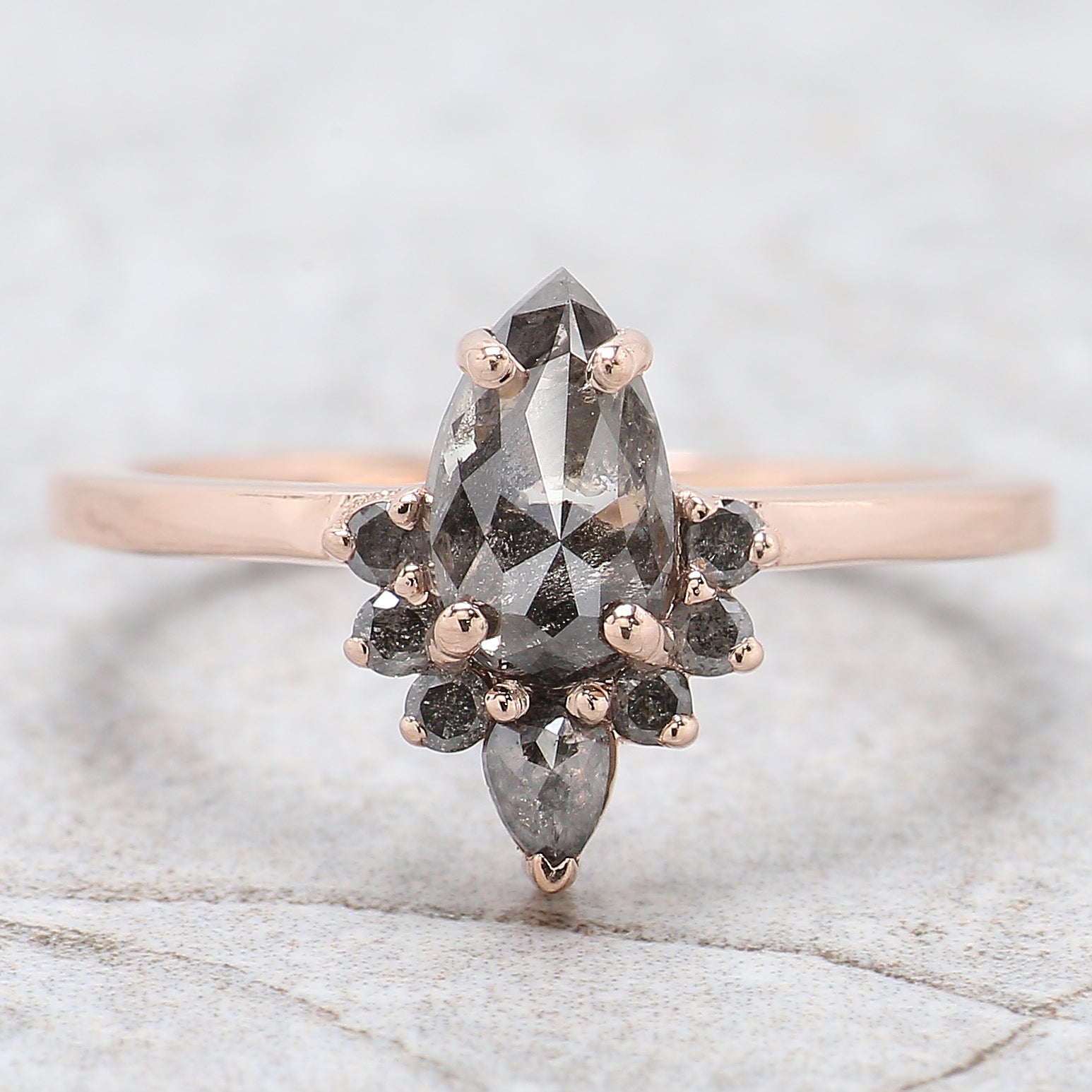 Pear Cut Salt And Pepper Diamond Ring 0.96 Ct 7.90 MM Pear Diamond Ring 14K Solid Rose Gold Silver Pear Engagement Ring Gift For Her QL1526